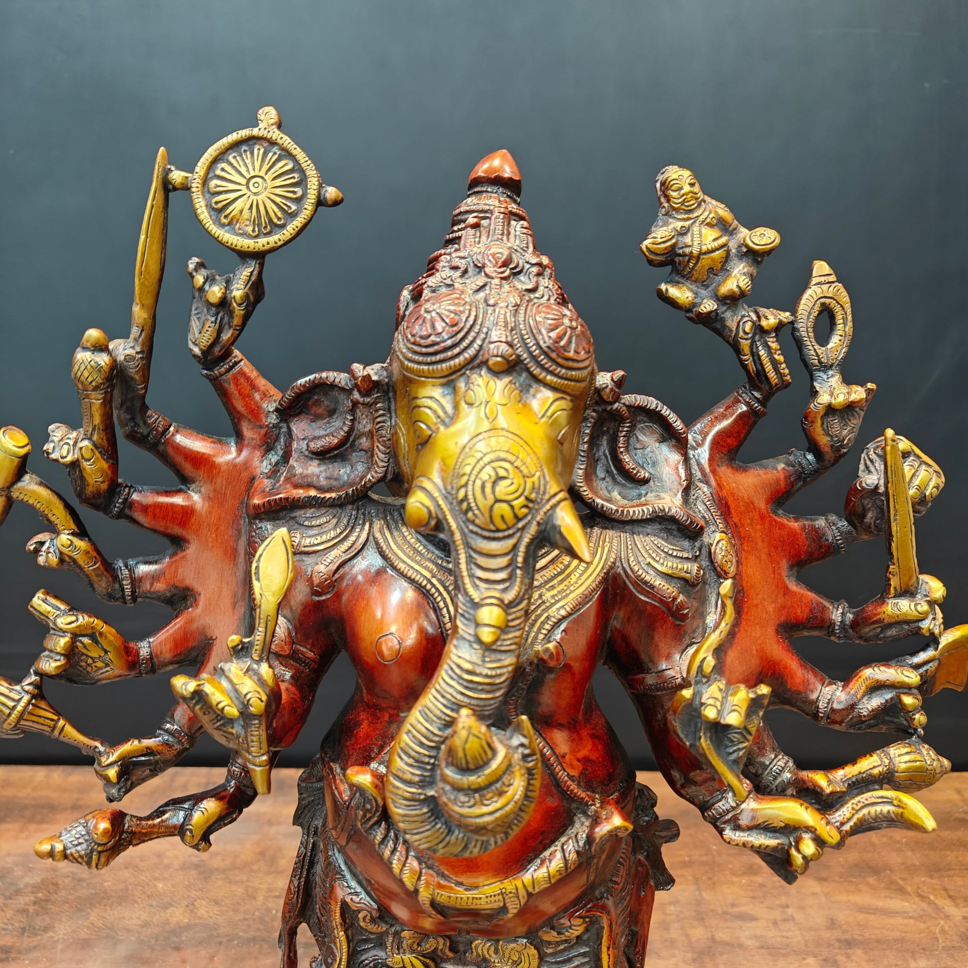 Brass Vintage Standing Ganesha Statue With Sixteen Arms Orange Patina Finish 20 Inch - Image 2