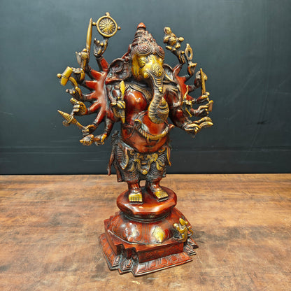 Brass Vintage Standing Ganesha Statue With Sixteen Arms Orange Patina Finish 20 Inch by vendor-unknown - Hindu Gods (View 3)