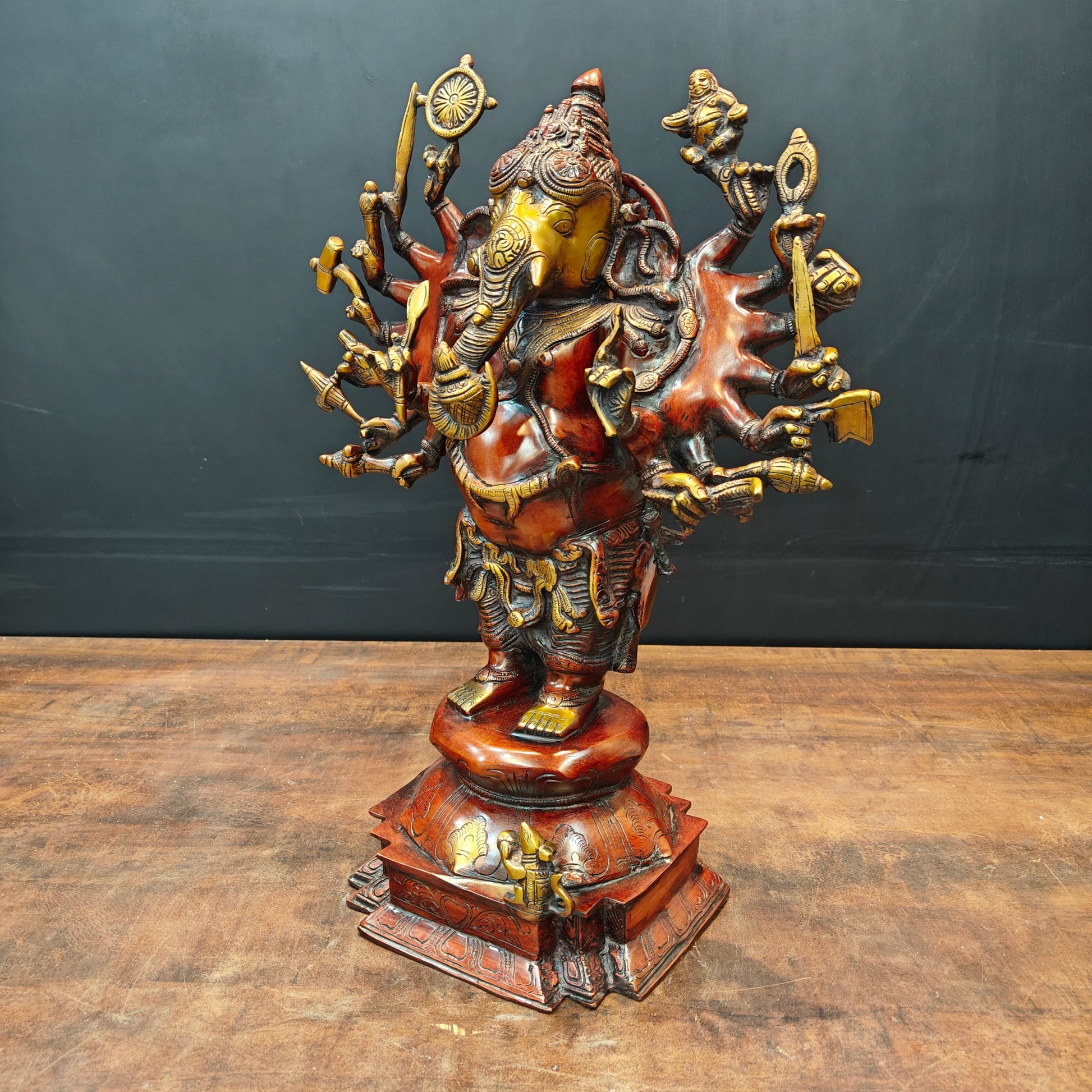Brass Vintage Standing Ganesha Statue With Sixteen Arms Orange Patina Finish 20 Inch - Image 4