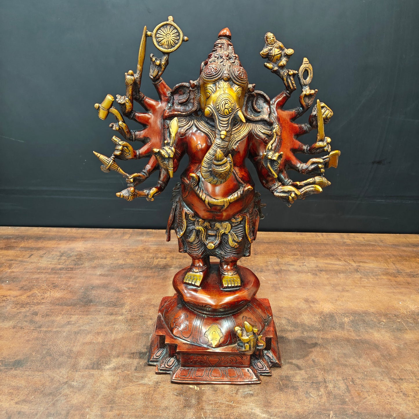 Brass Vintage Standing Ganesha Statue With Sixteen Arms Orange Patina Finish 20 Inch