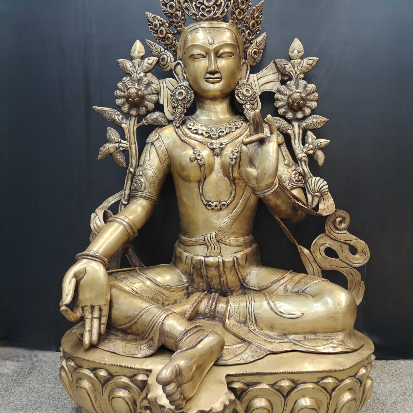 Brass Large Tibetan Buddhist Goddess Green Tara Antique Finish 5 Feet