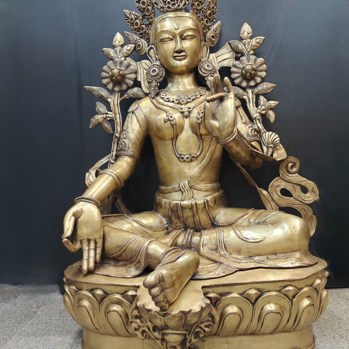 Brass Large Tibetan Buddhist Goddess Green Tara Antique Finish 5 Feet