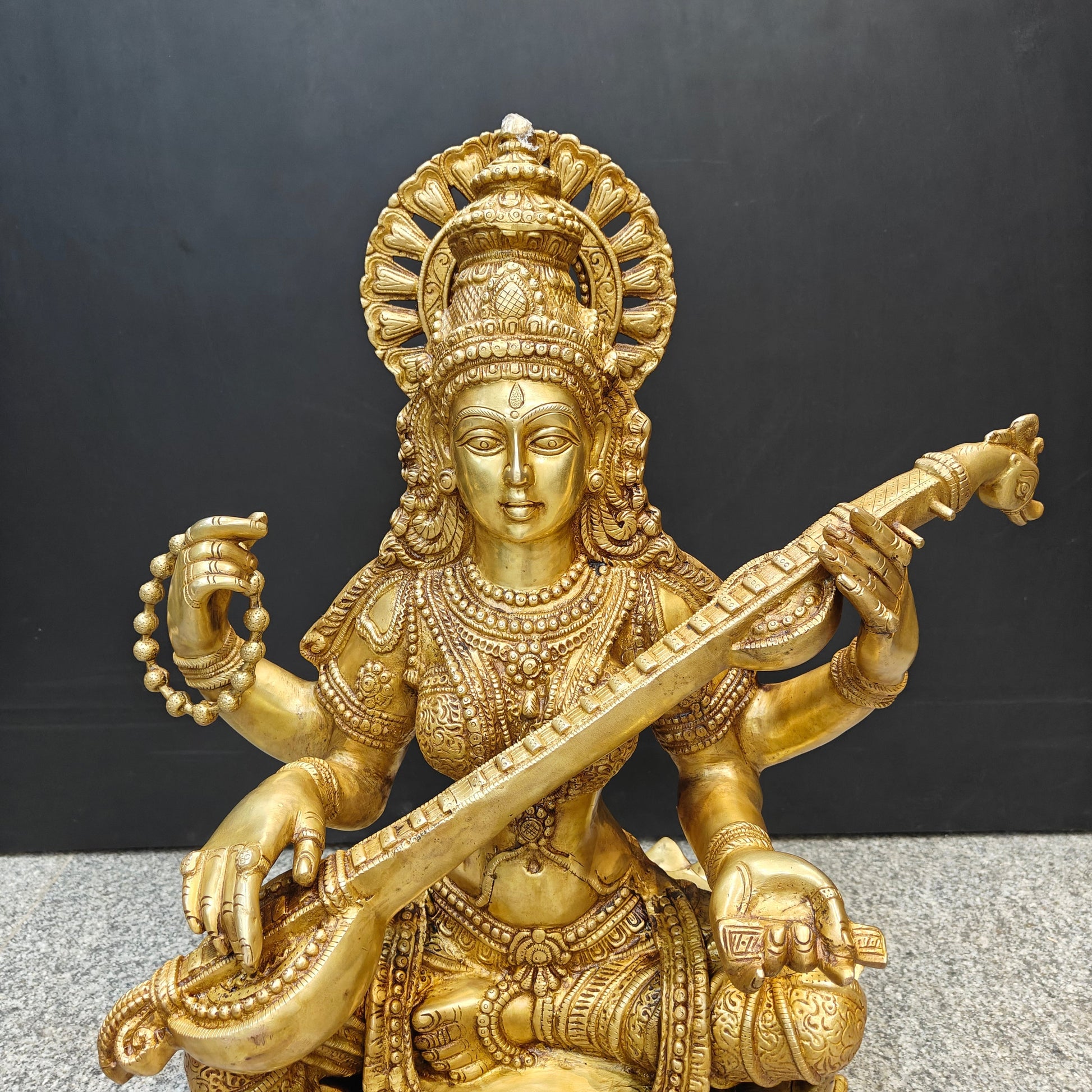 Brass Goddess Saraswati Idol Seated On Lotus 27 Inches - Image 2