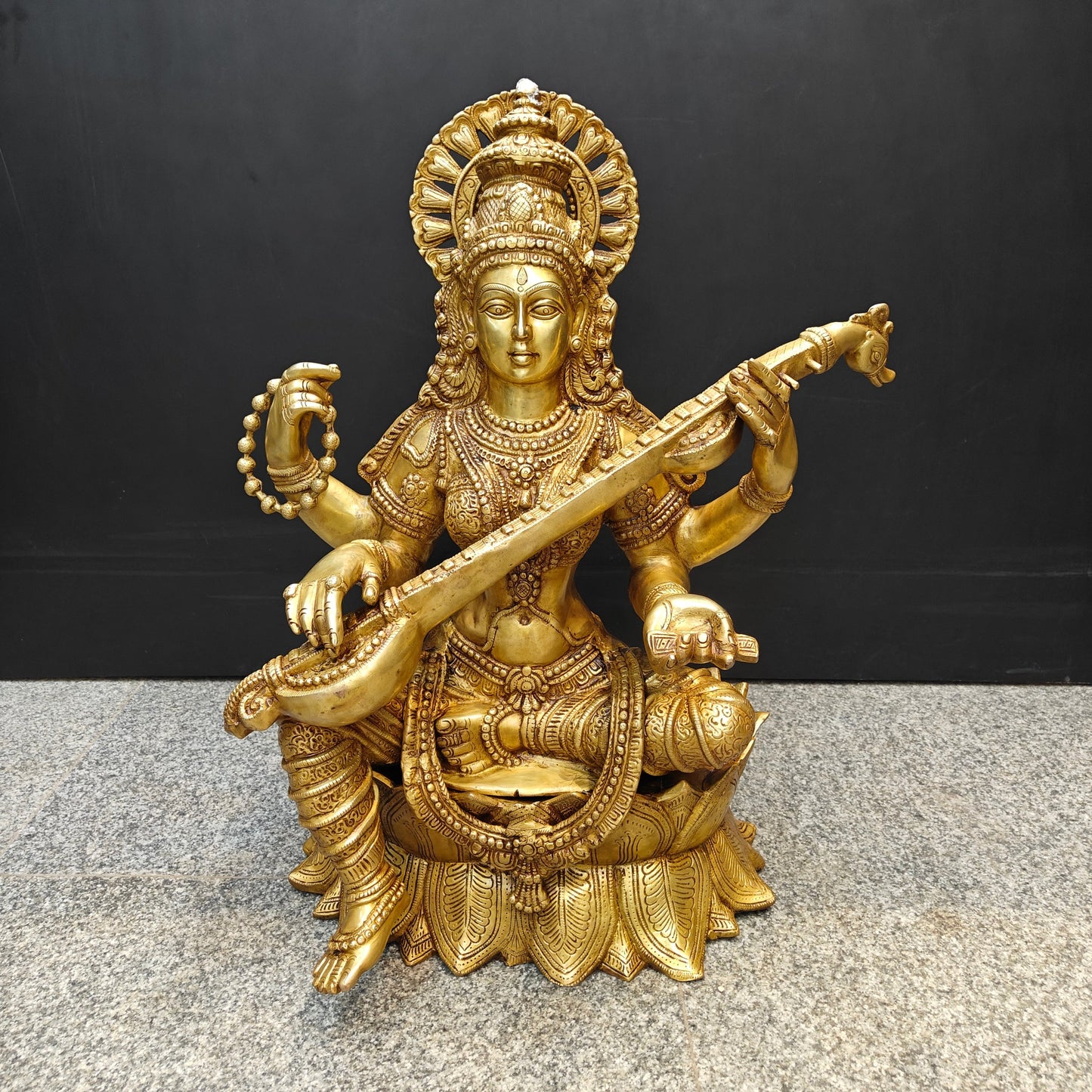 Brass Goddess Saraswati Idol Seated On Lotus 27 Inches
