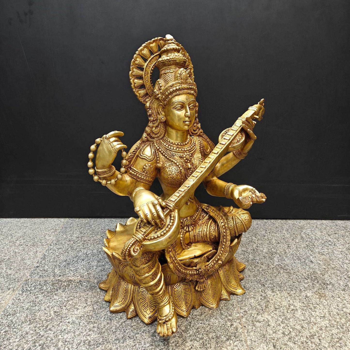 Brass Goddess Saraswati Idol Seated On Lotus 27 Inches