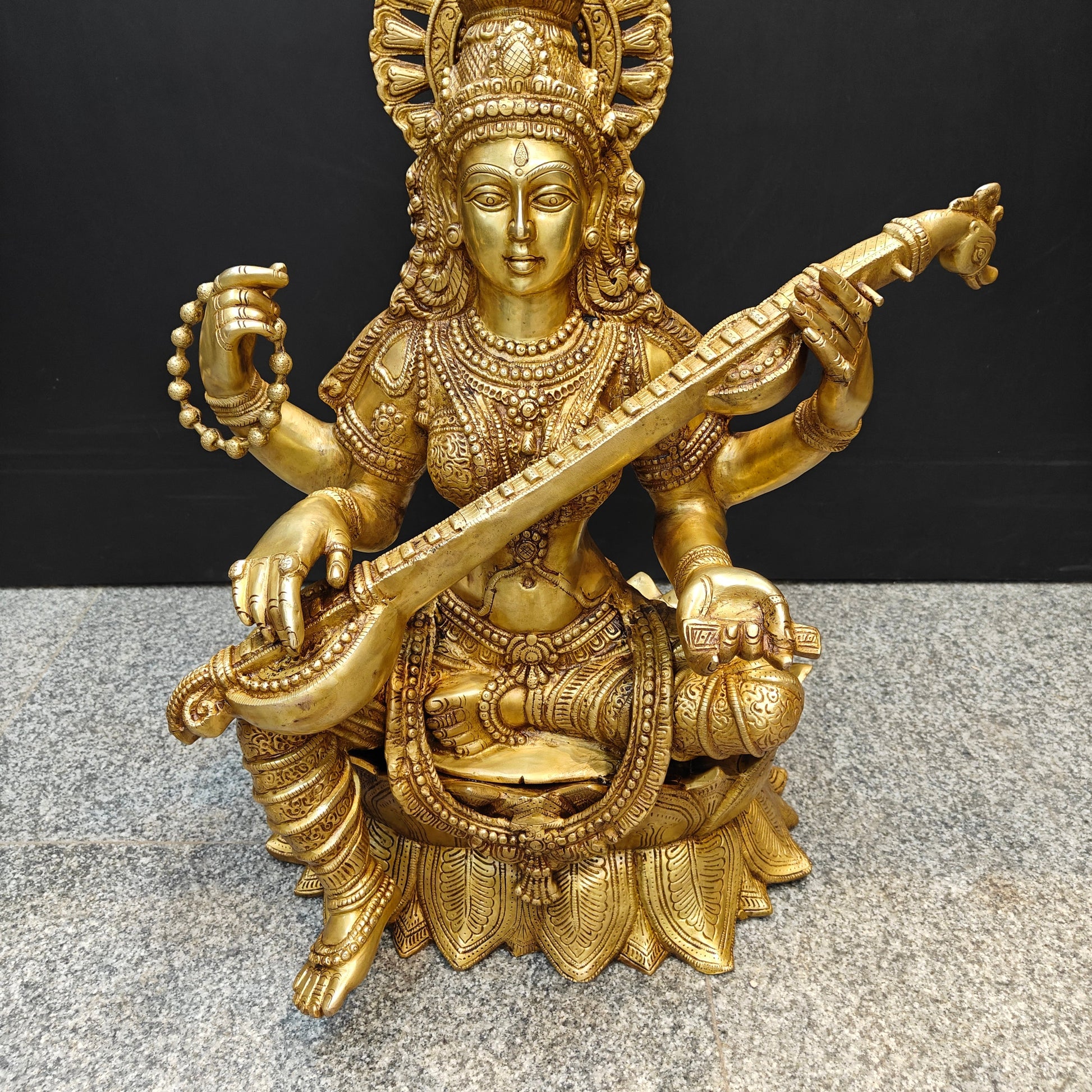 Brass Goddess Saraswati Idol Seated On Lotus 27 Inches - Image 5