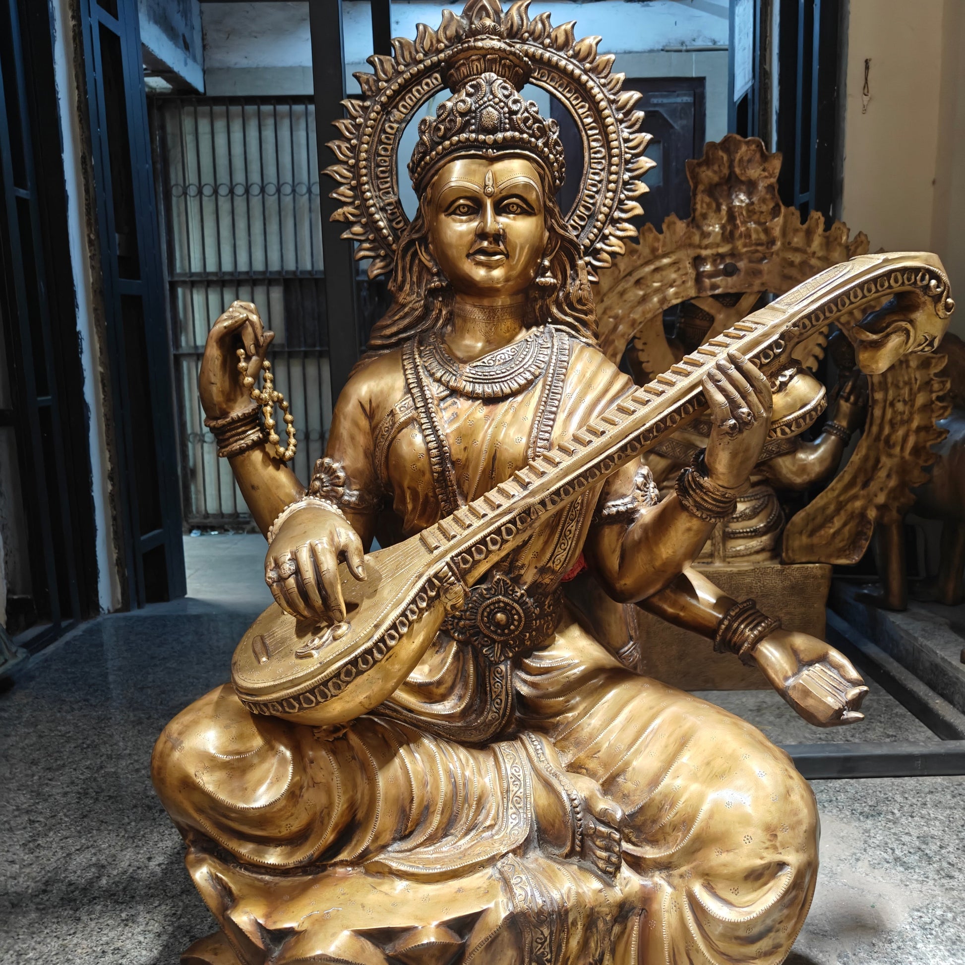 Brass Large Size Goddess Saraswati Idol Seated On Lotus Antique Finish 53 Inches - Image 2