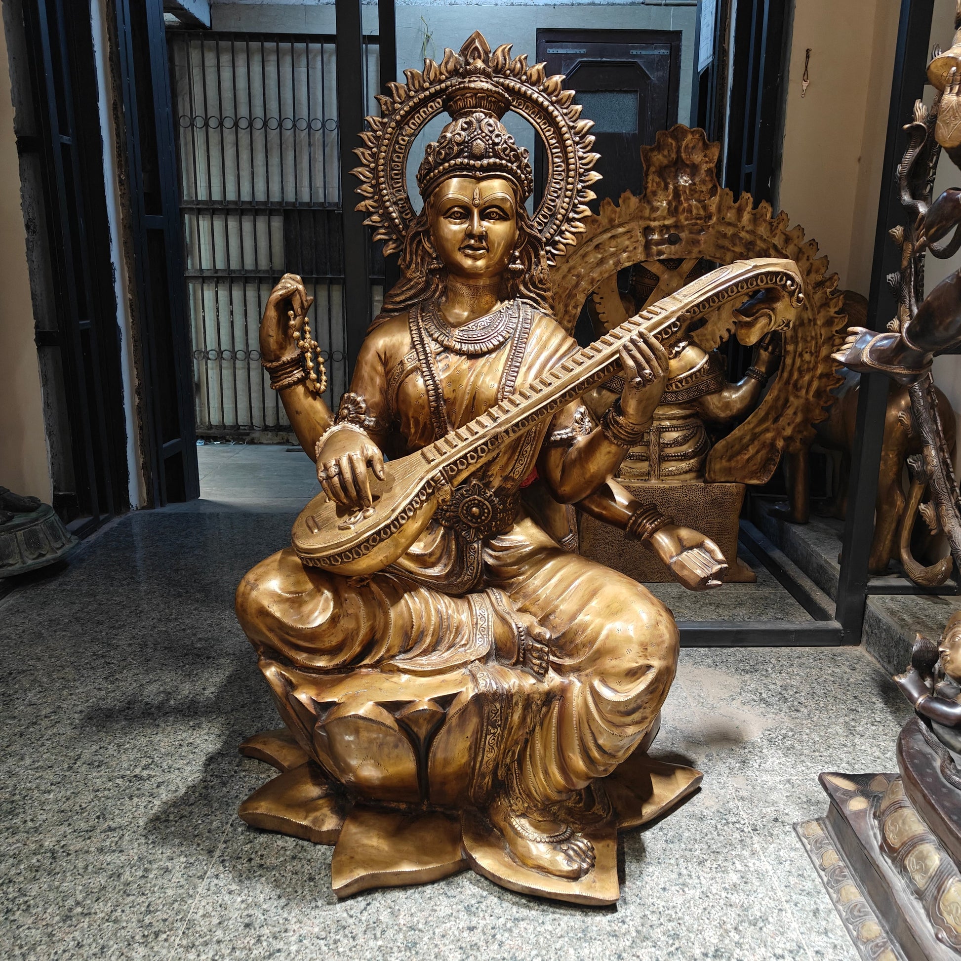 Brass Large Size Goddess Saraswati Idol Seated On Lotus Antique Finish 53 Inches - Image 3