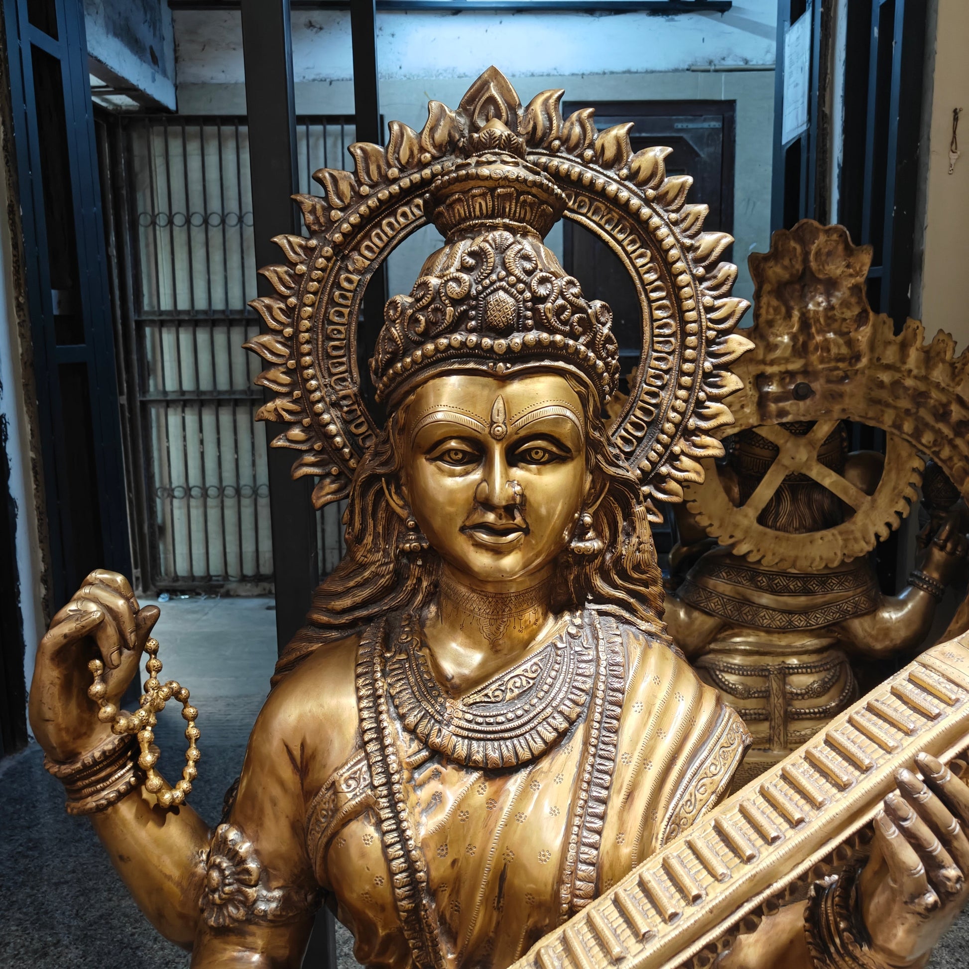 Brass Large Size Goddess Saraswati Idol Seated On Lotus Antique Finish 53 Inches - Image 4
