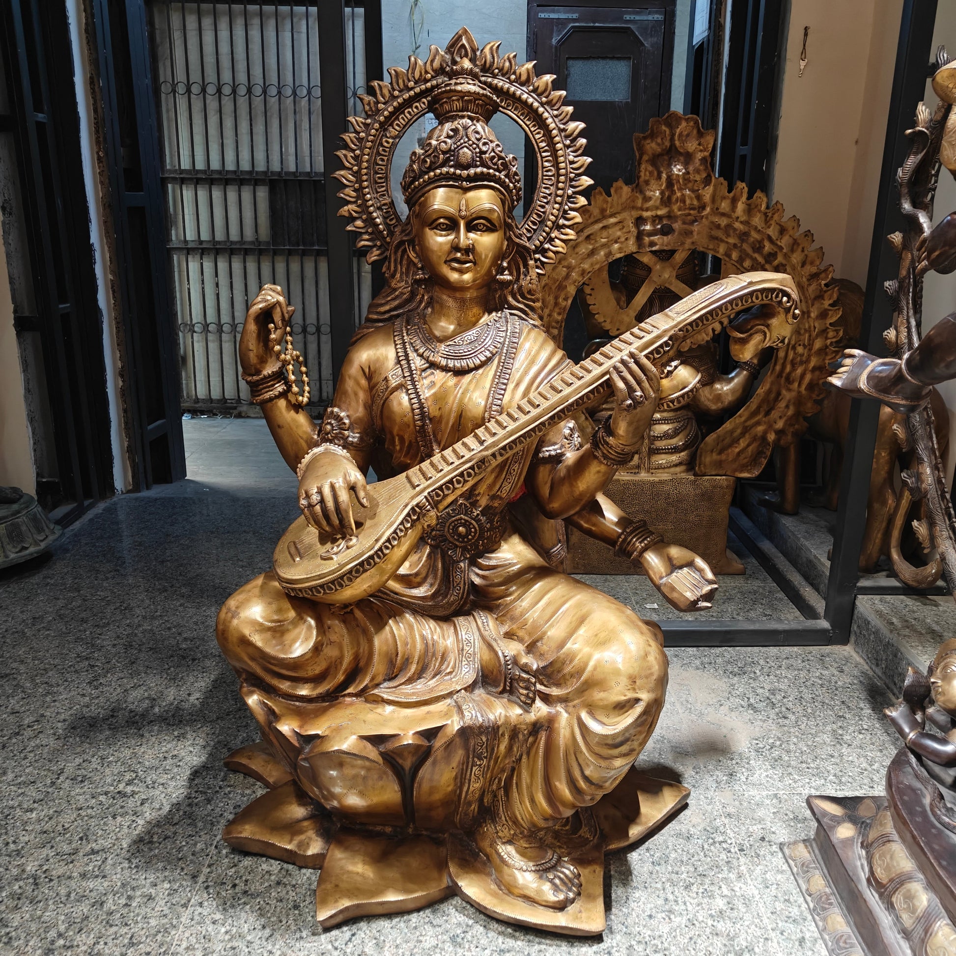 Brass Large Size Goddess Saraswati Idol Seated On Lotus Antique Finish 53 Inches - Image 5