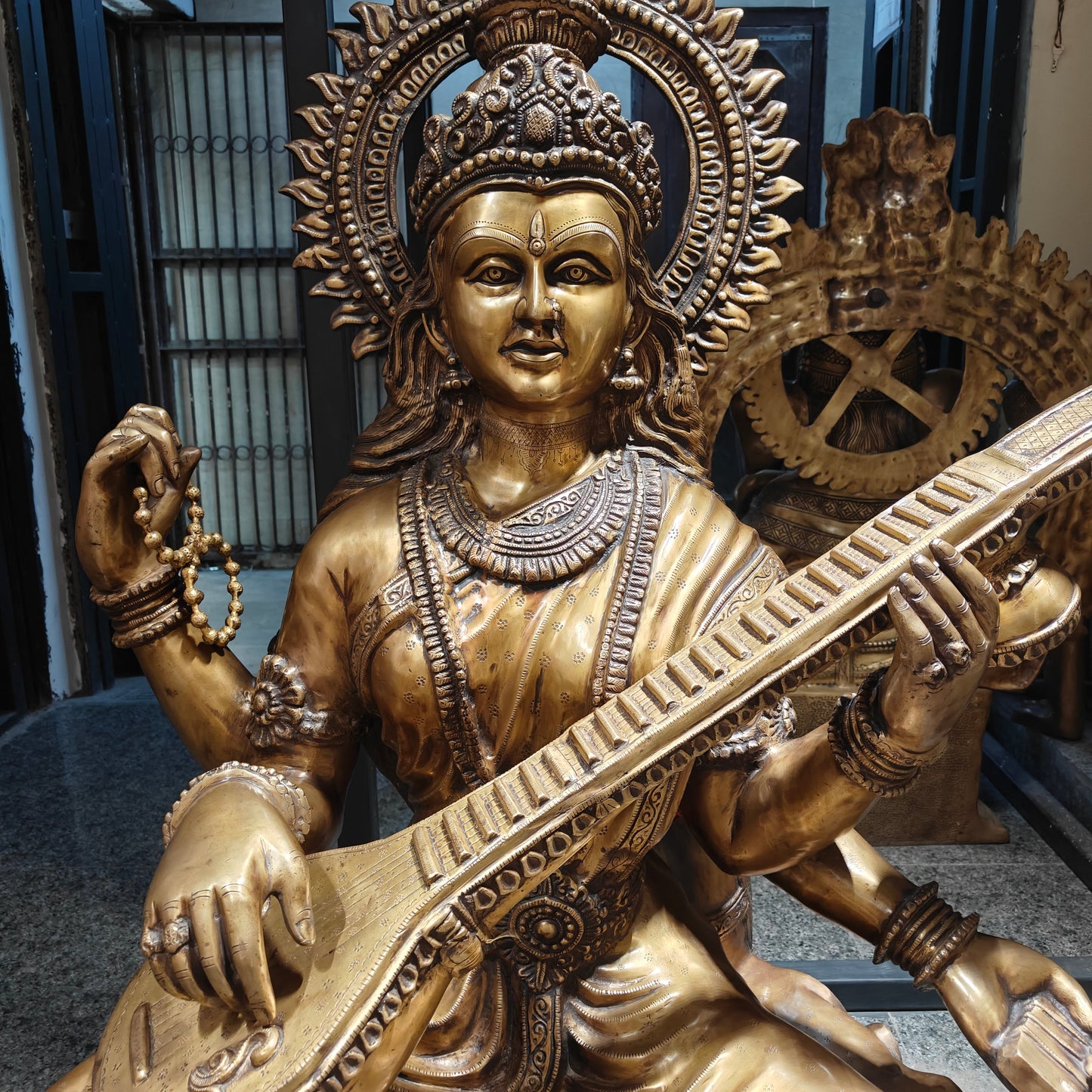 Brass Large Size Goddess Saraswati Idol Seated On Lotus Antique Finish 53 Inches