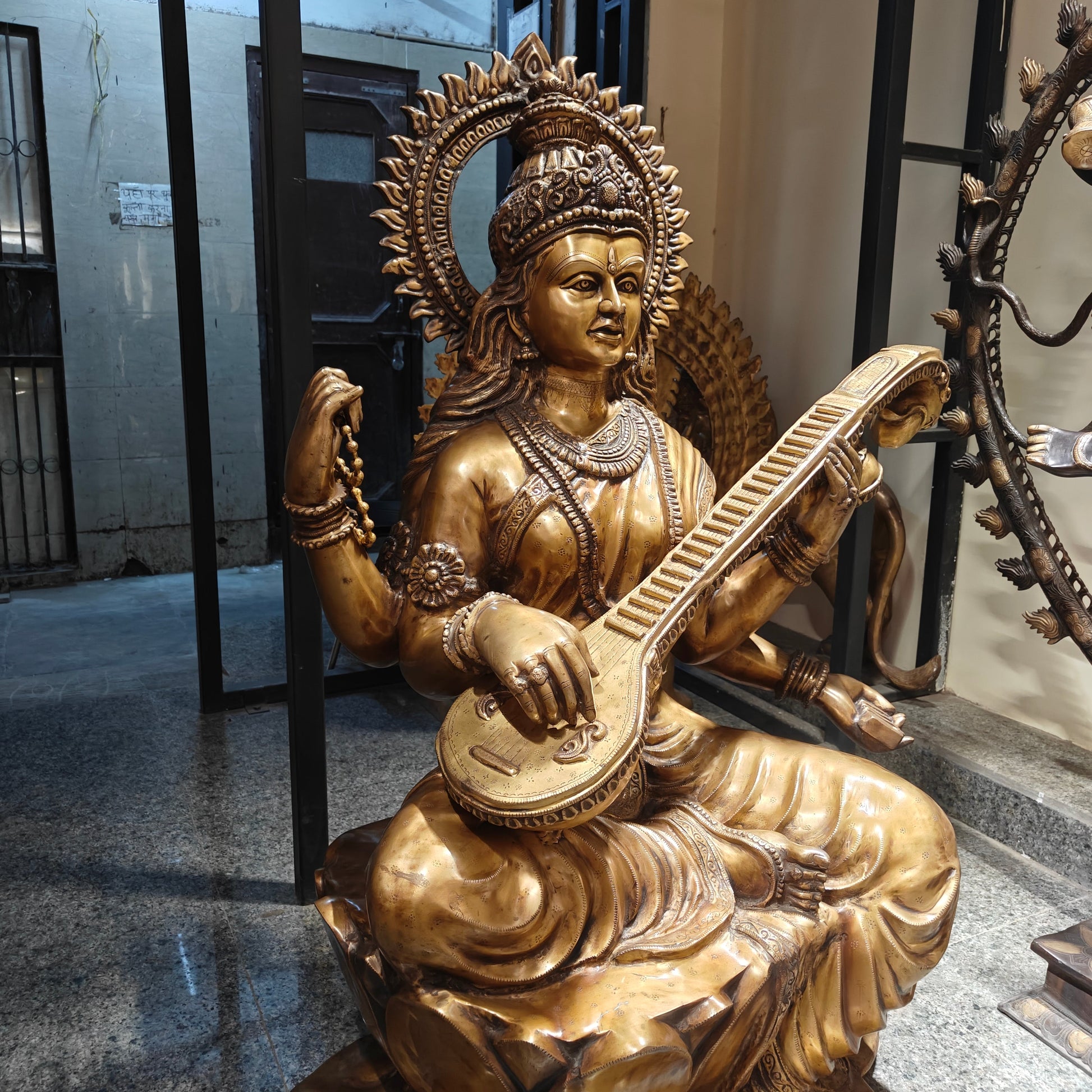 Brass Large Size Goddess Saraswati Idol Seated On Lotus Antique Finish 53 Inches - Image 7