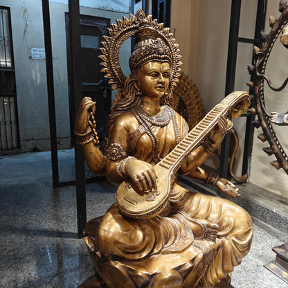 Brass Large Size Goddess Saraswati Idol Seated On Lotus Antique Finish 53 Inches by vendor-unknown - Hindu Gods (View 7)