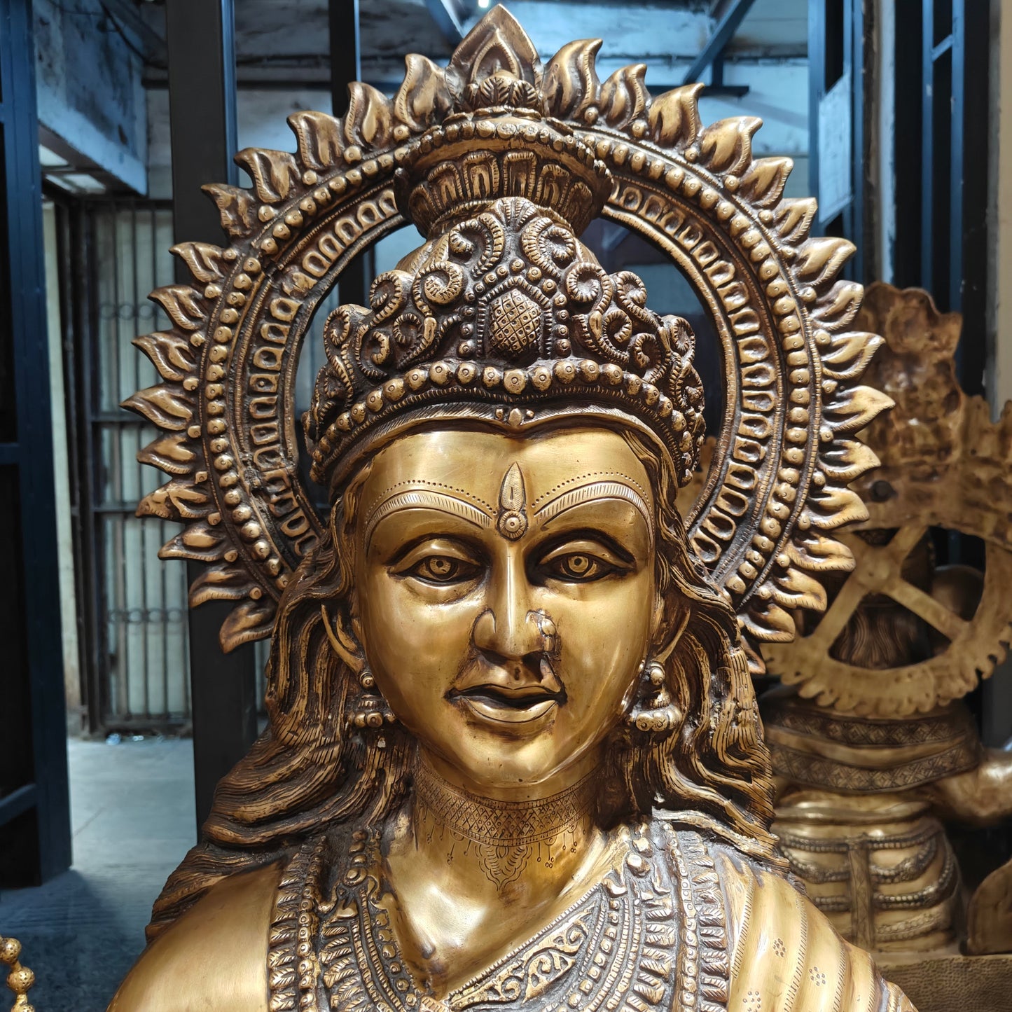 Brass Large Size Goddess Saraswati Idol Seated On Lotus Antique Finish 53 Inches