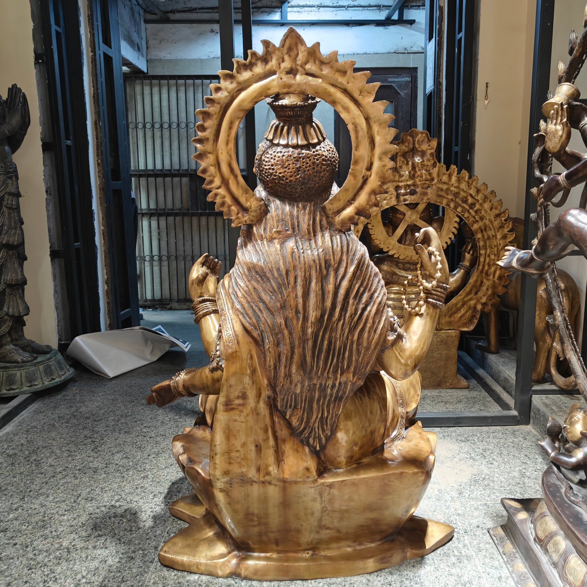 Brass Large Size Goddess Saraswati Idol Seated On Lotus Antique Finish 53 Inches - Image 9