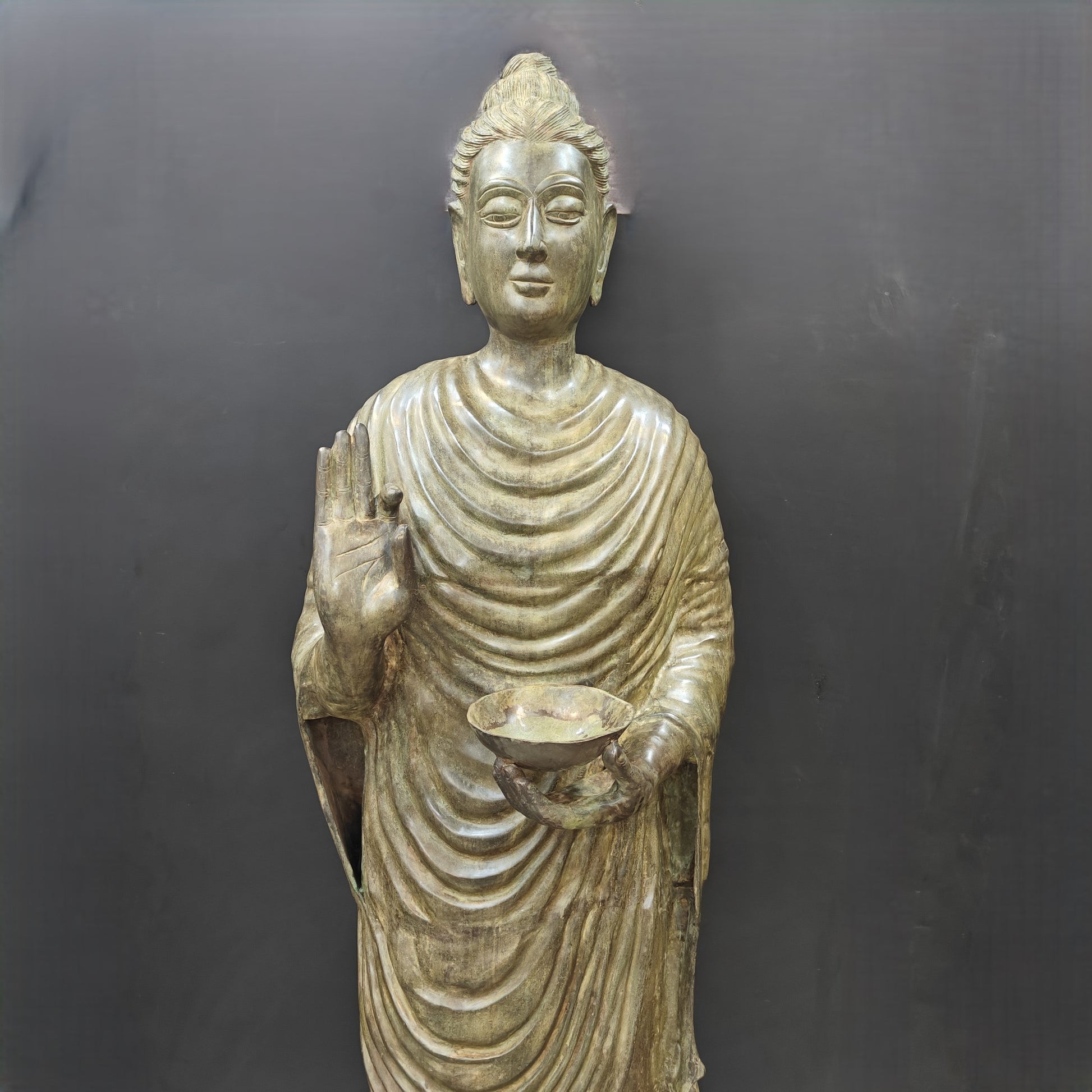 Brass Vintage Large Standing Buddha Statue Green Patina Finish 6.5 Feet - Image 2