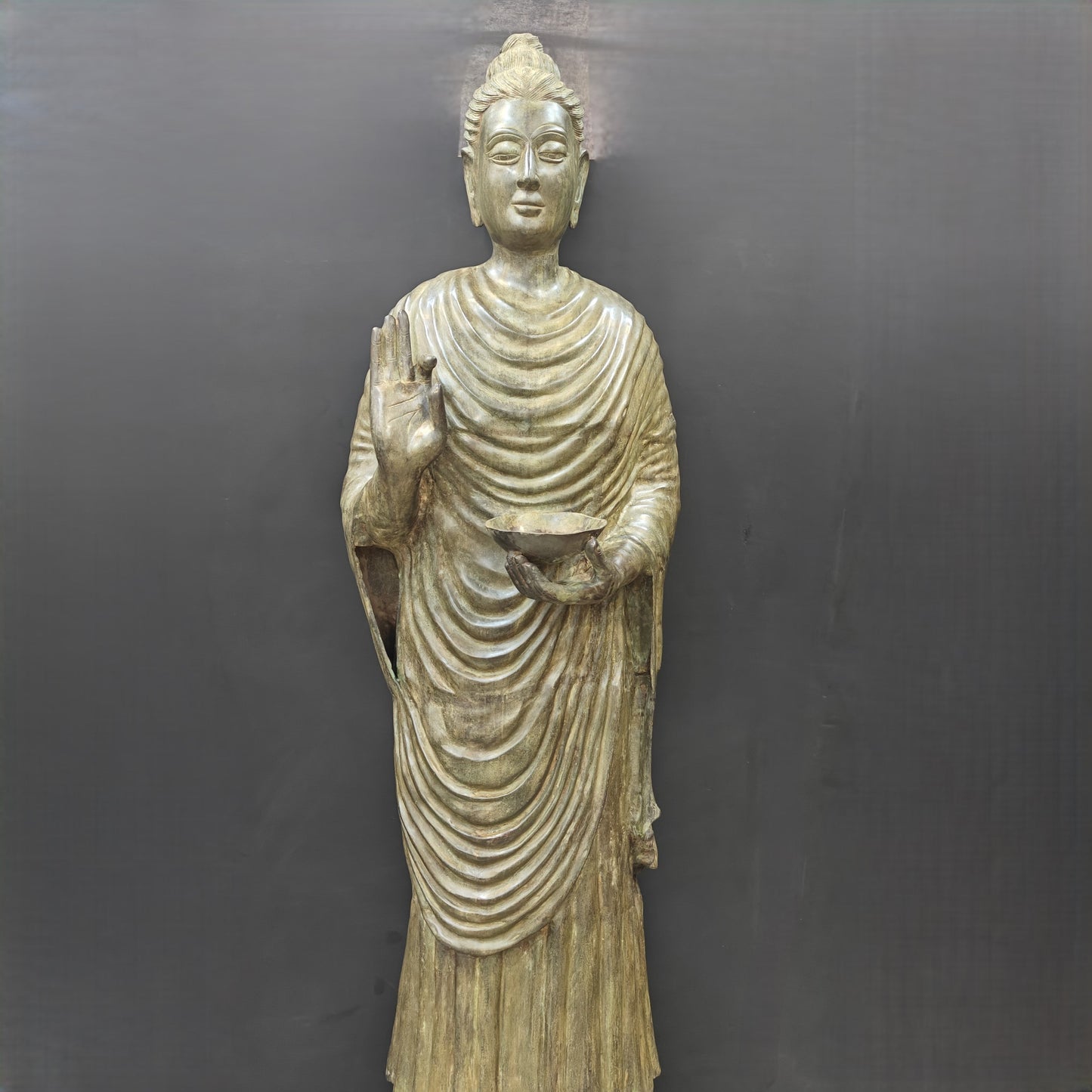 Brass Vintage Large Standing Buddha Statue Green Patina Finish 6.5 Feet