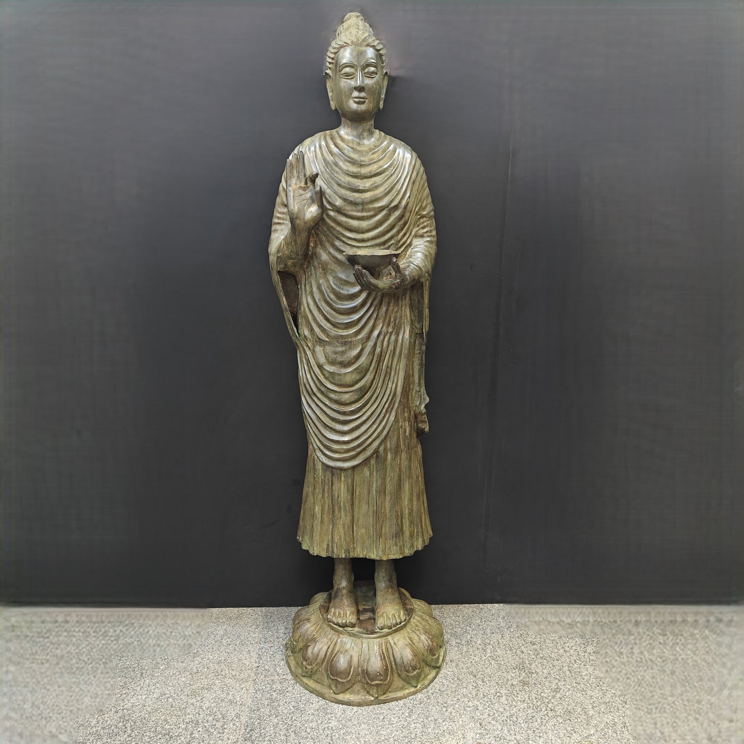 Brass Vintage Large Standing Buddha Statue Green Patina Finish 6.5 Feet