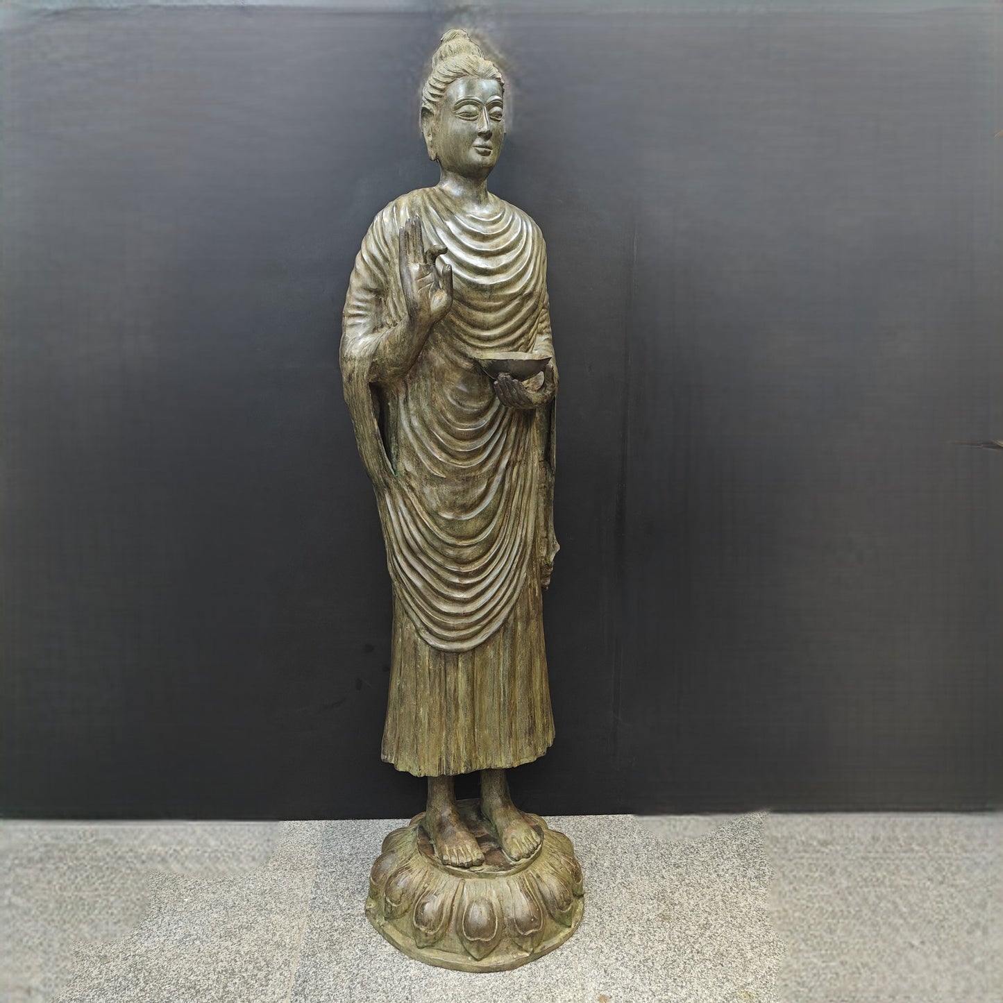 Brass Vintage Large Standing Buddha Statue Green Patina Finish 6.5 Feet