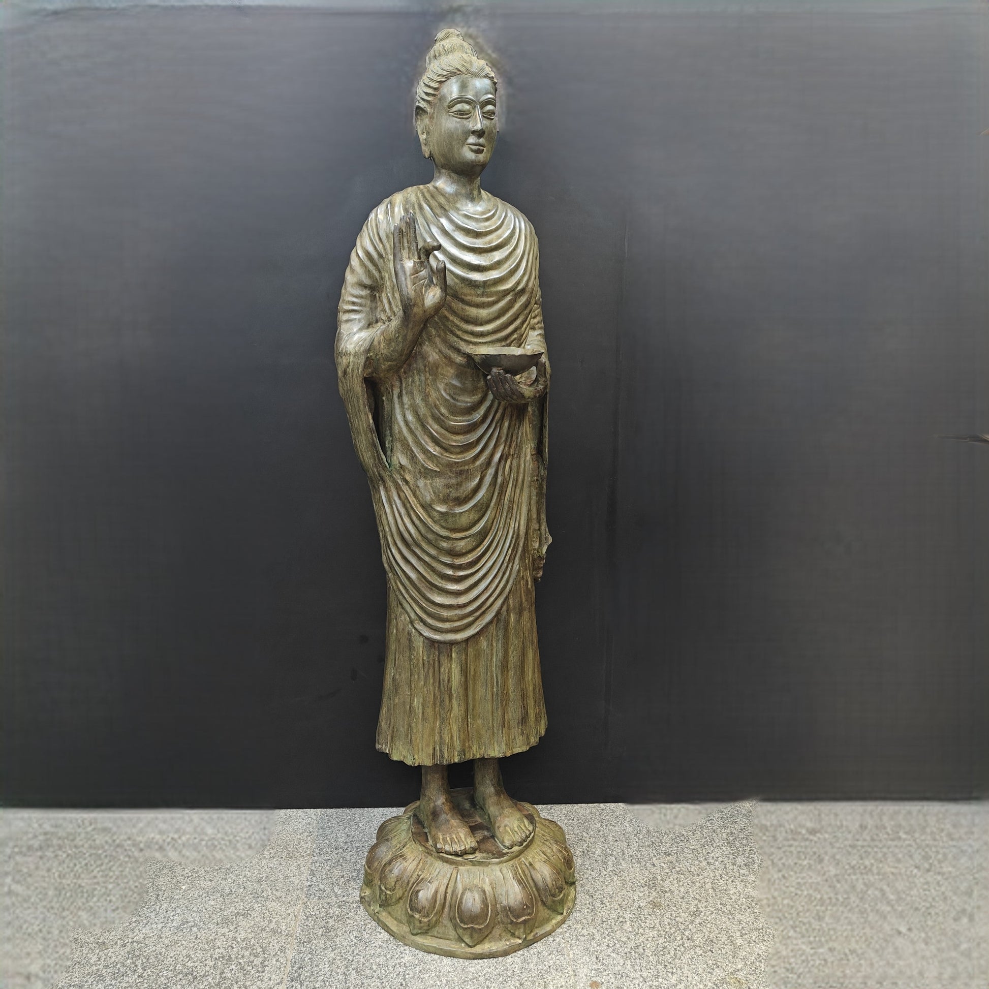 Brass Vintage Large Standing Buddha Statue Green Patina Finish 6.5 Feet - Image 5