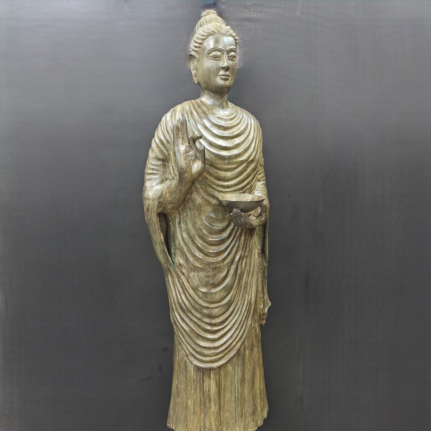 Brass Vintage Large Standing Buddha Statue Green Patina Finish 6.5 Feet