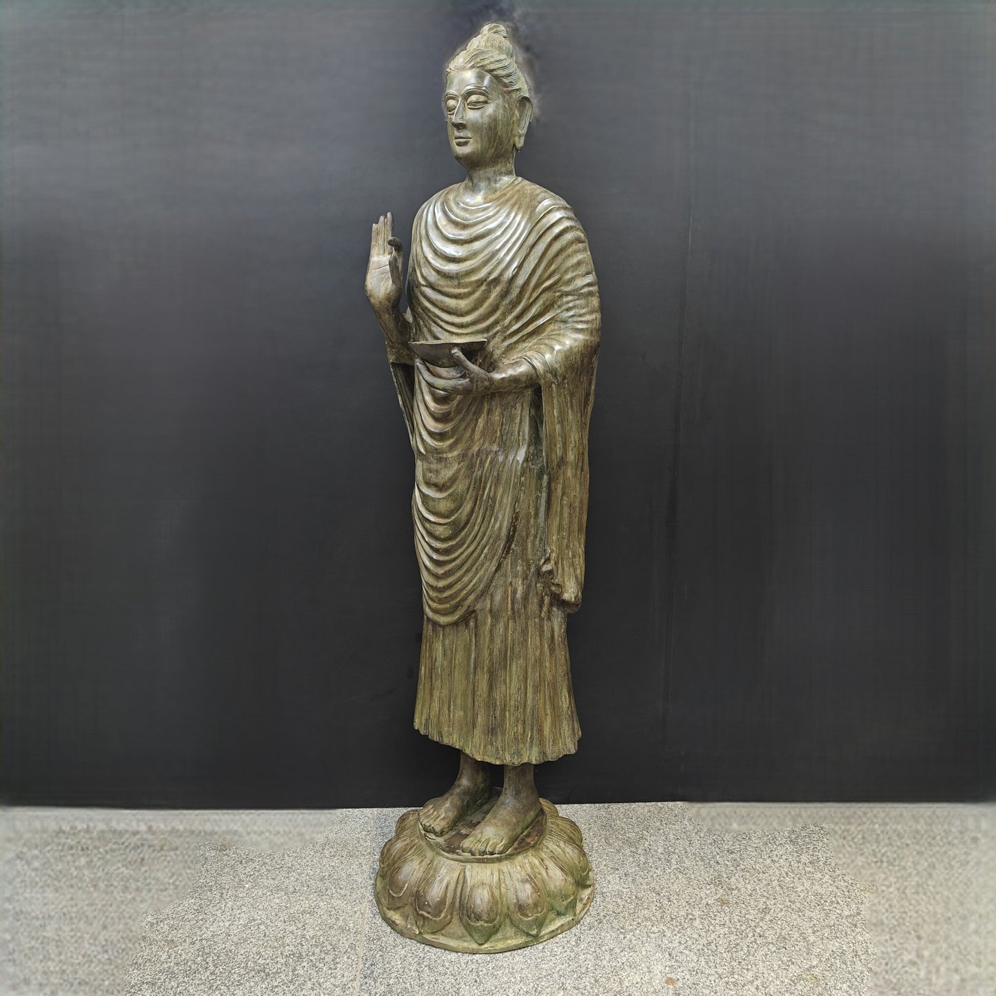 Brass Vintage Large Standing Buddha Statue Green Patina Finish 6.5 Feet