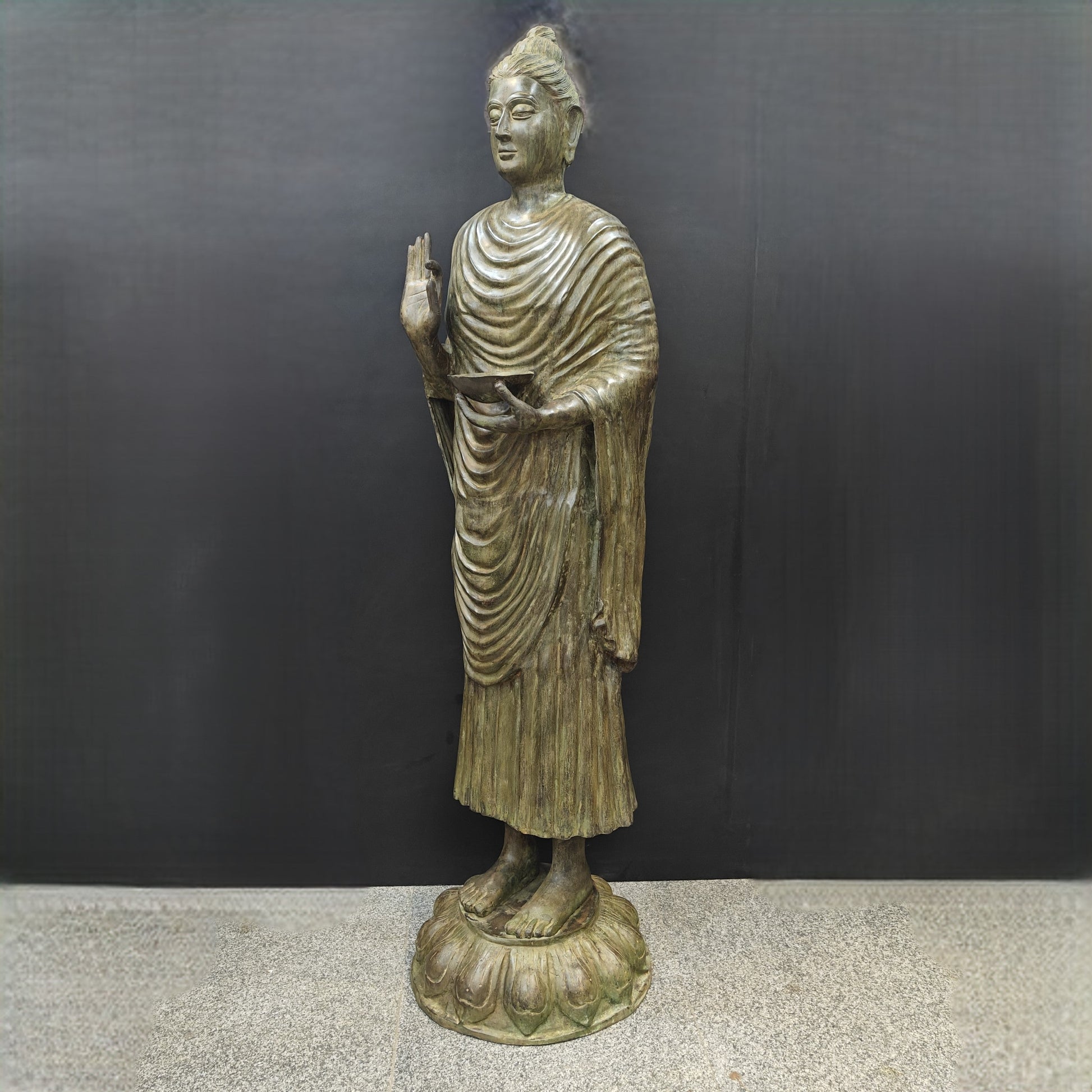 Brass Vintage Large Standing Buddha Statue Green Patina Finish 6.5 Feet - Image 7
