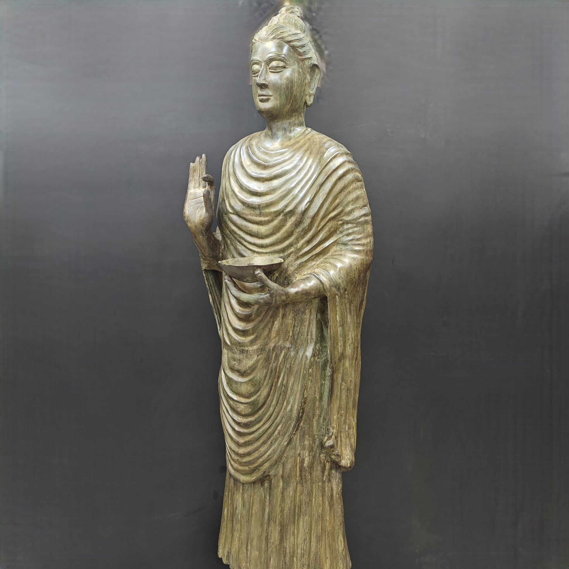 Brass Vintage Large Standing Buddha Statue Green Patina Finish 6.5 Feet - Image 8