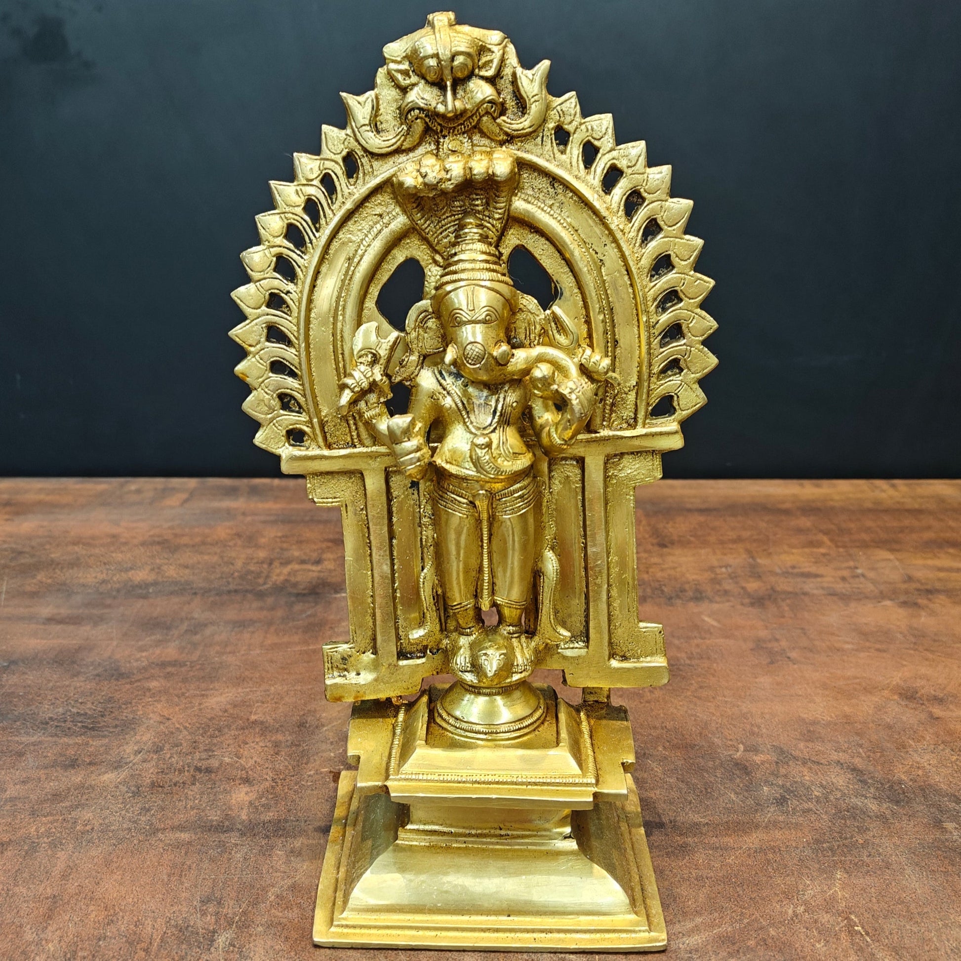 Brass Standing Ganesha Idol With Prabhavali Golden Finish 11 Inch - Image 2