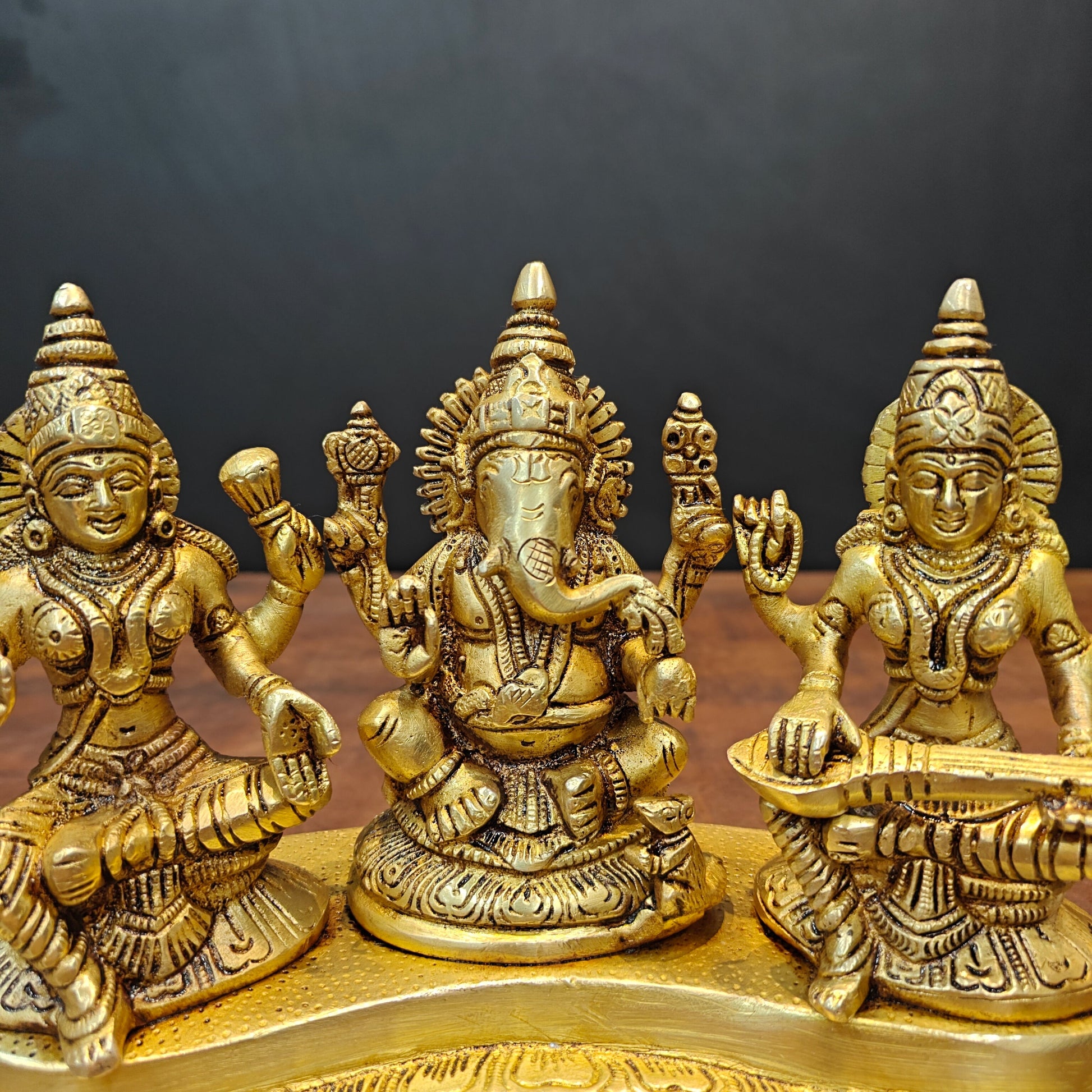 Brass Ganesha Lakshmi Saraswati Statue For Home Temple Decor 7 Inch - Image 2