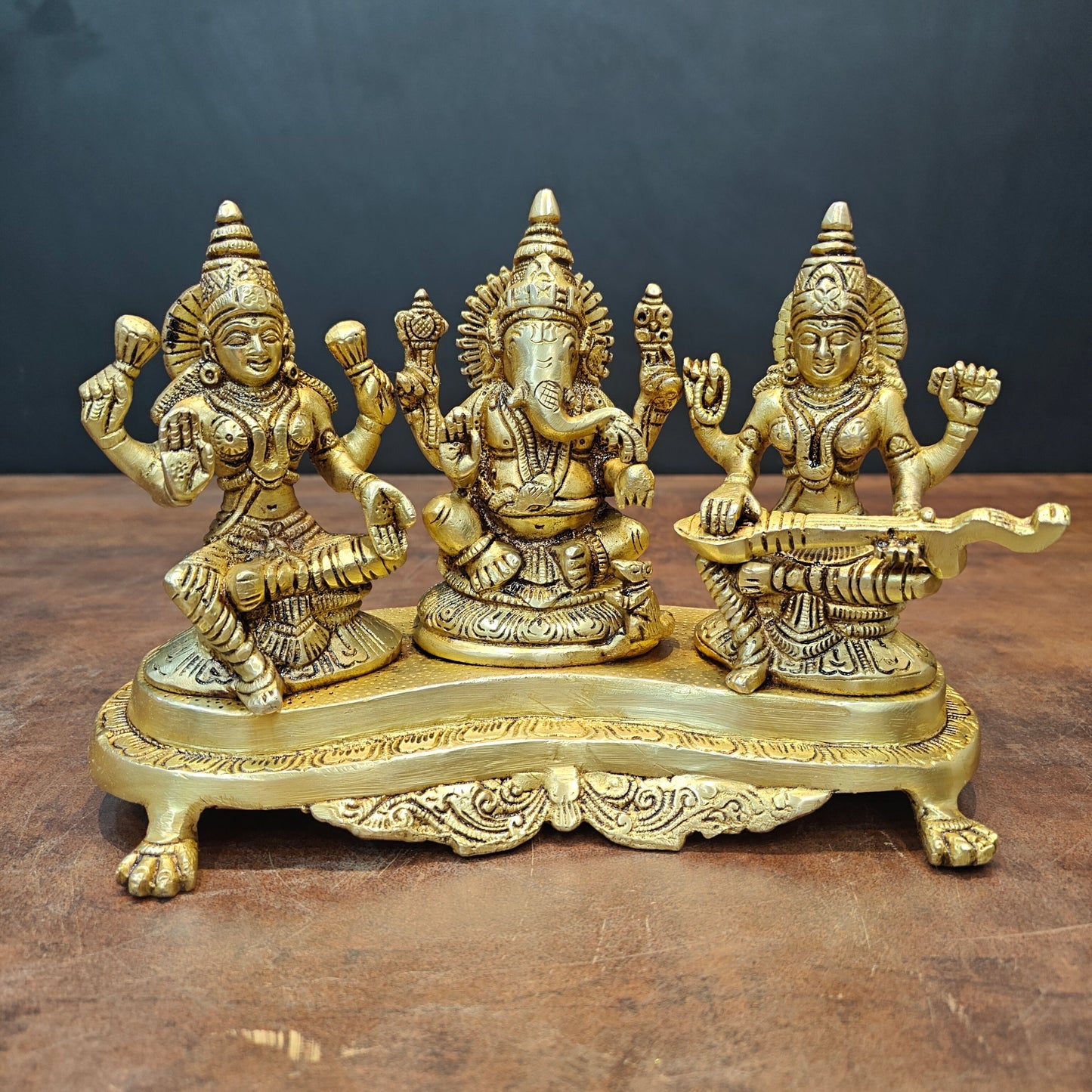 Brass Ganesha Lakshmi Saraswati Statue For Home Temple Decor 7 Inch