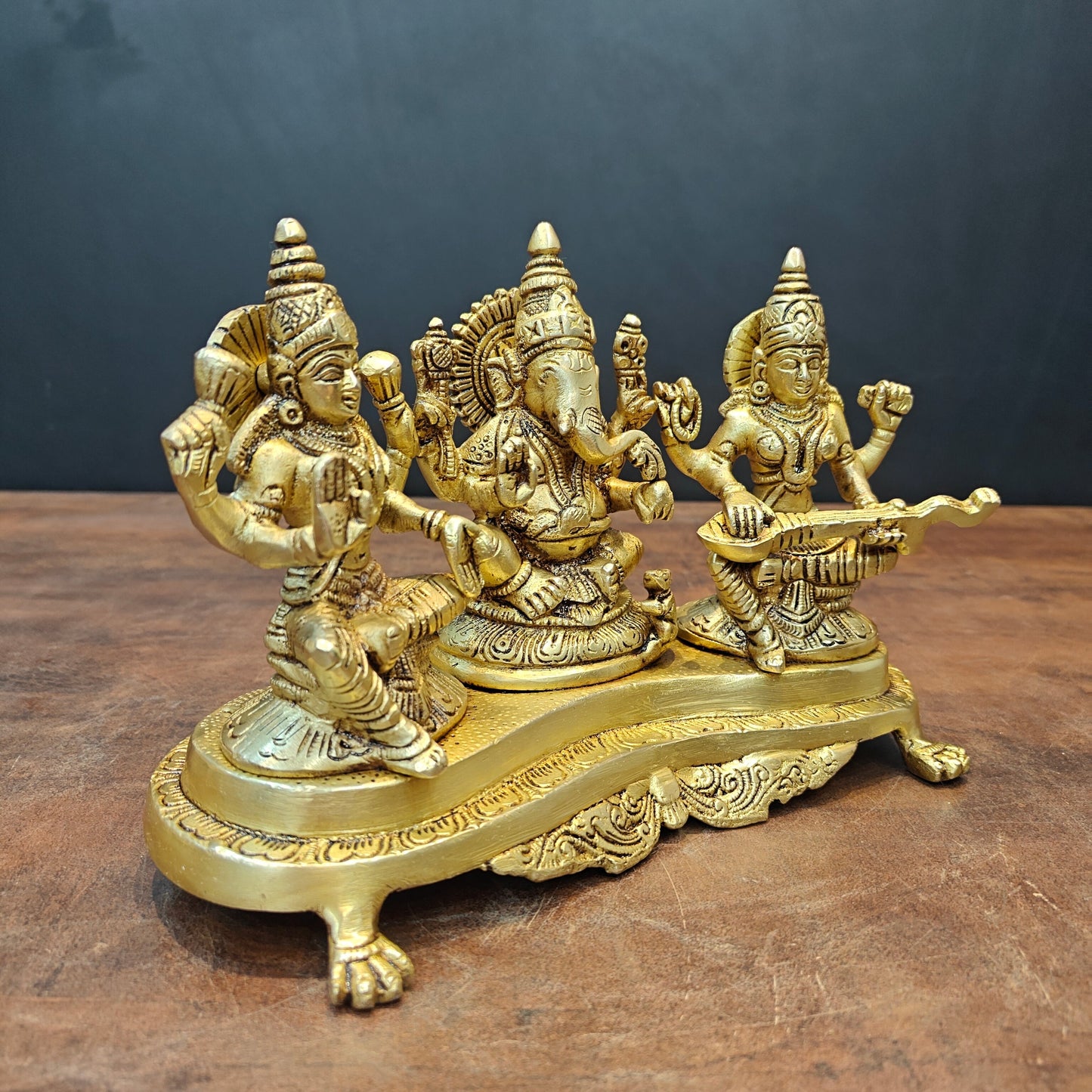 Brass Ganesha Lakshmi Saraswati Statue For Home Temple Decor 7 Inch