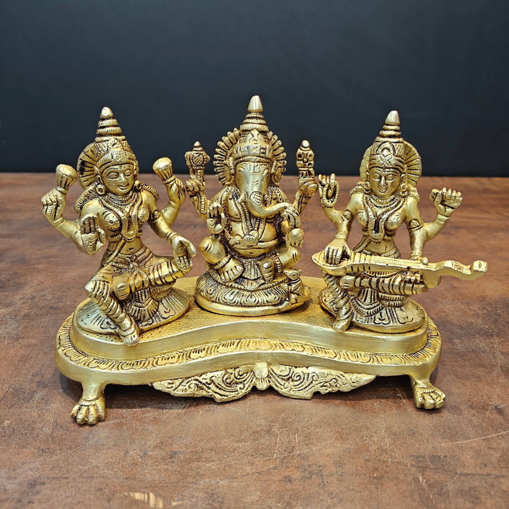 Brass Ganesha Lakshmi Saraswati Statue For Home Temple Decor 7 Inch - Image 5