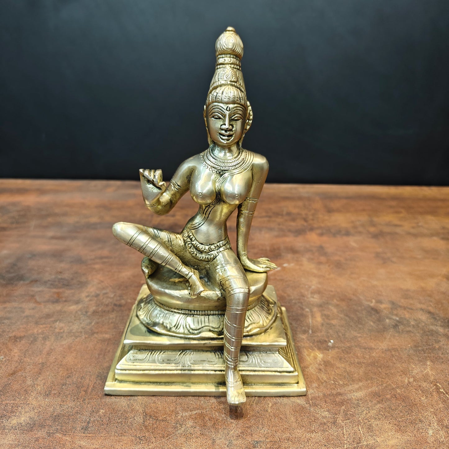 Brass Seated Parvati as Uma Devi Idol Antique Finish 8.5 Inch