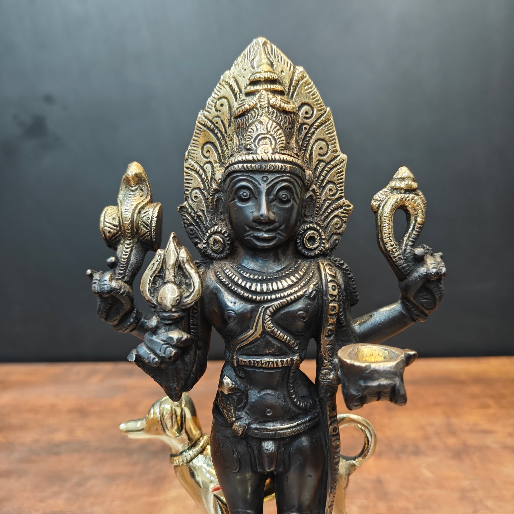 Brass Kaal Bhairava Statue With Dog Black Gold Finish 11 Inches - Image 2