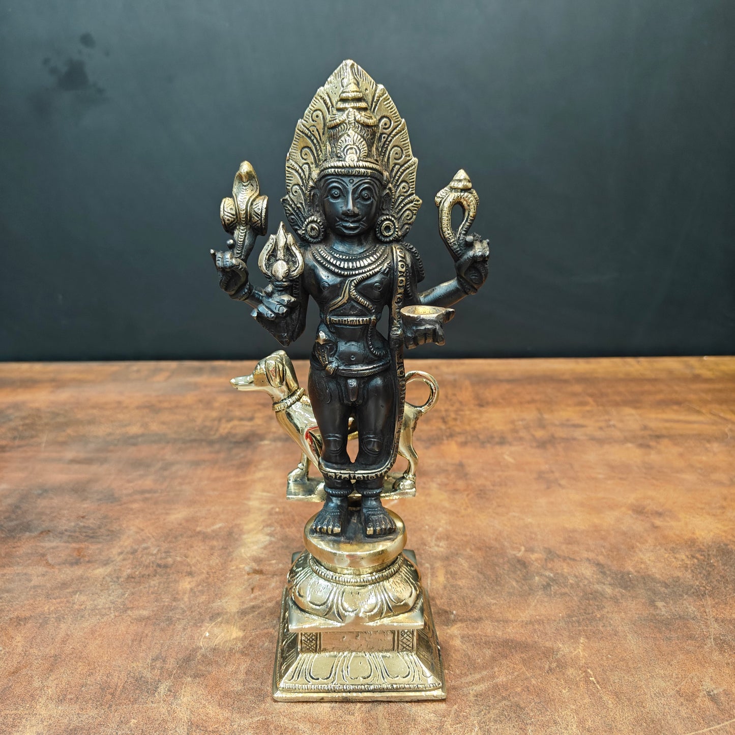Brass Kaal Bhairava Statue With Dog Black Gold Finish 11 Inches