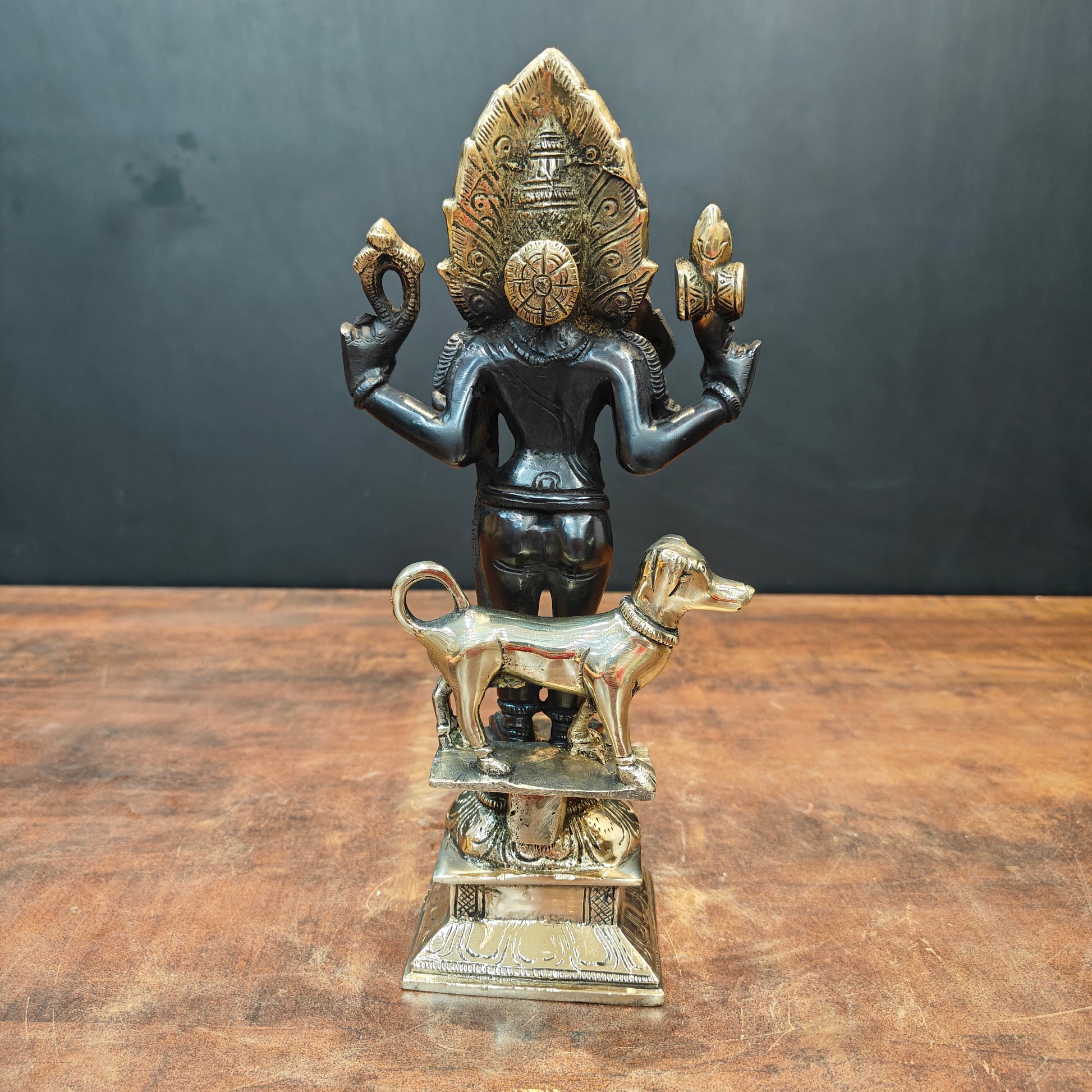 Brass Kaal Bhairava Statue With Dog Black Gold Finish 11 Inches - Image 5