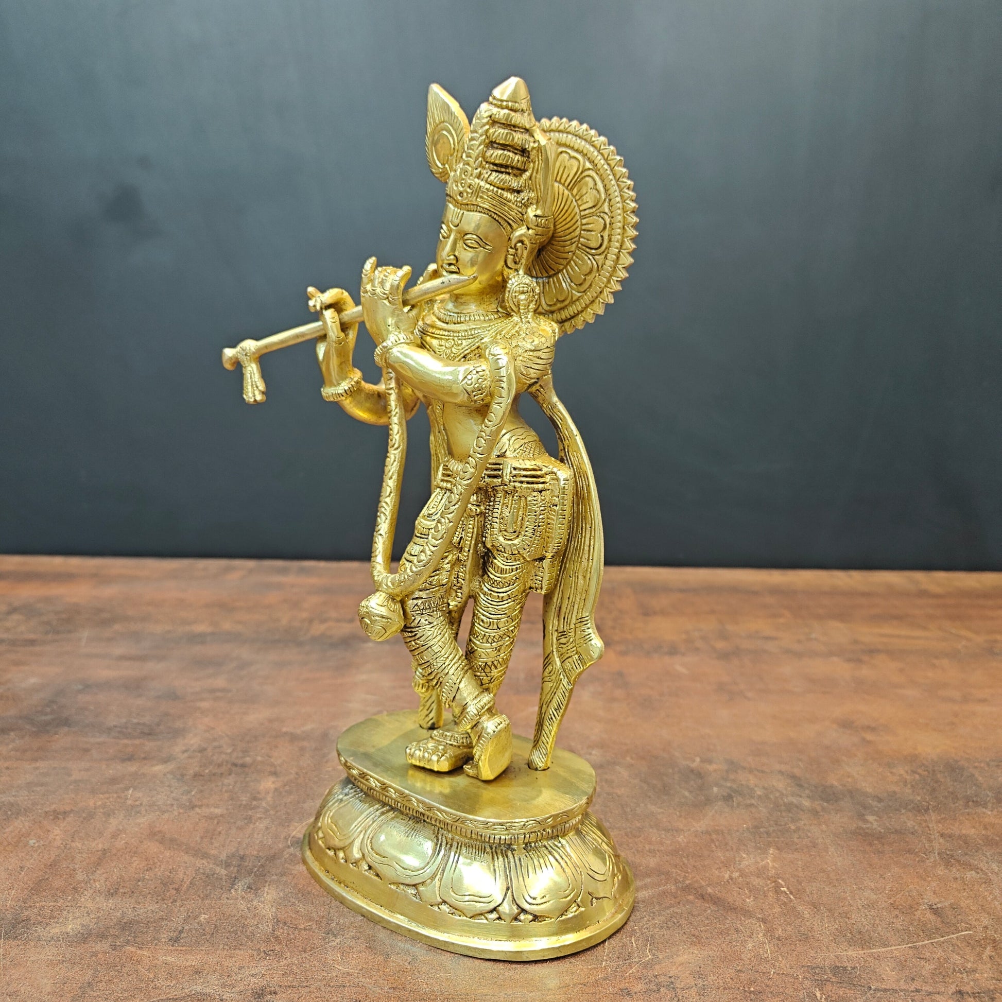 Brass Standing Krishna Idol Golden Finish For Home Decor 11.5 Inch - Image 6