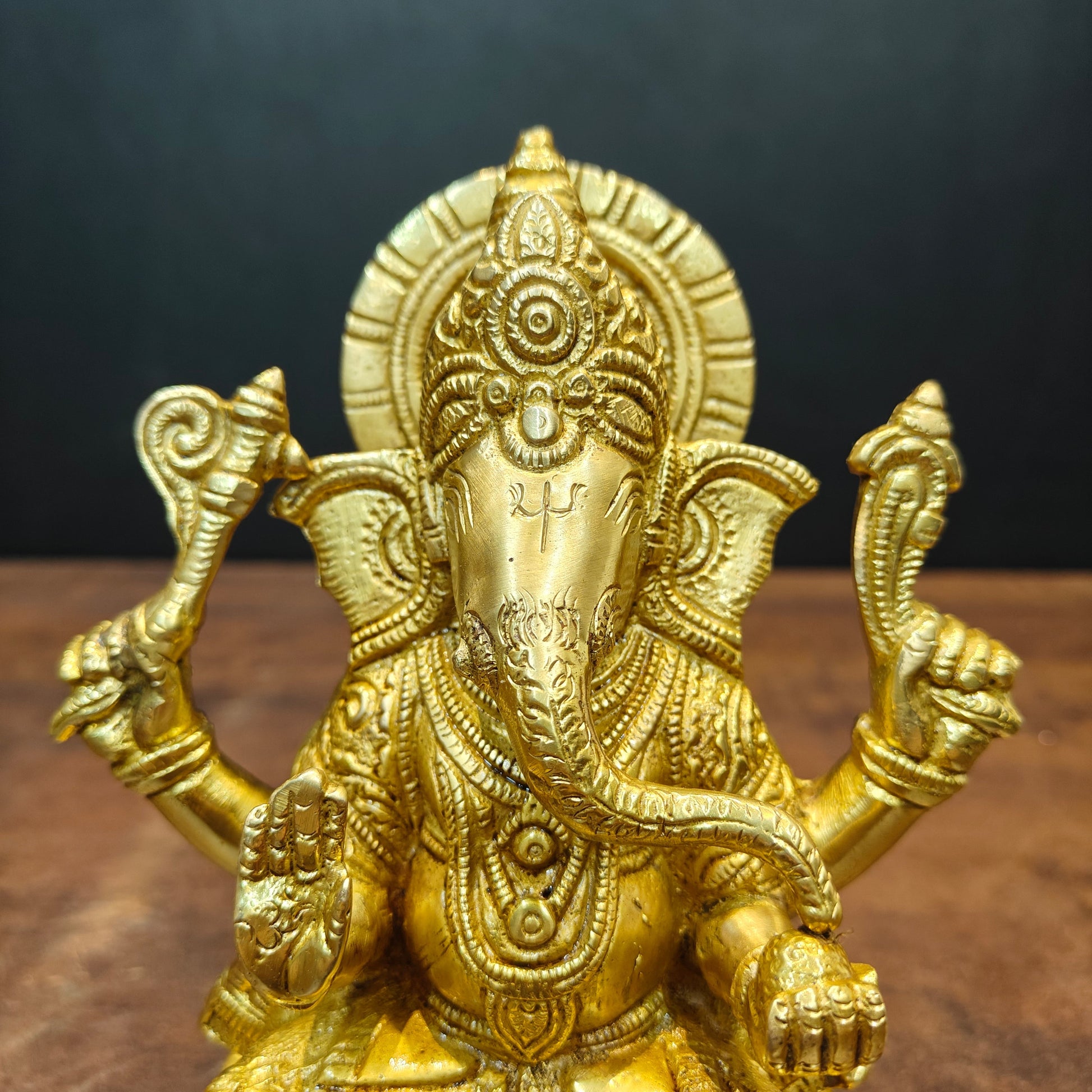 Brass Ganesha Idol Golden Finish For Home Temple Decor 7 Inch - Image 2