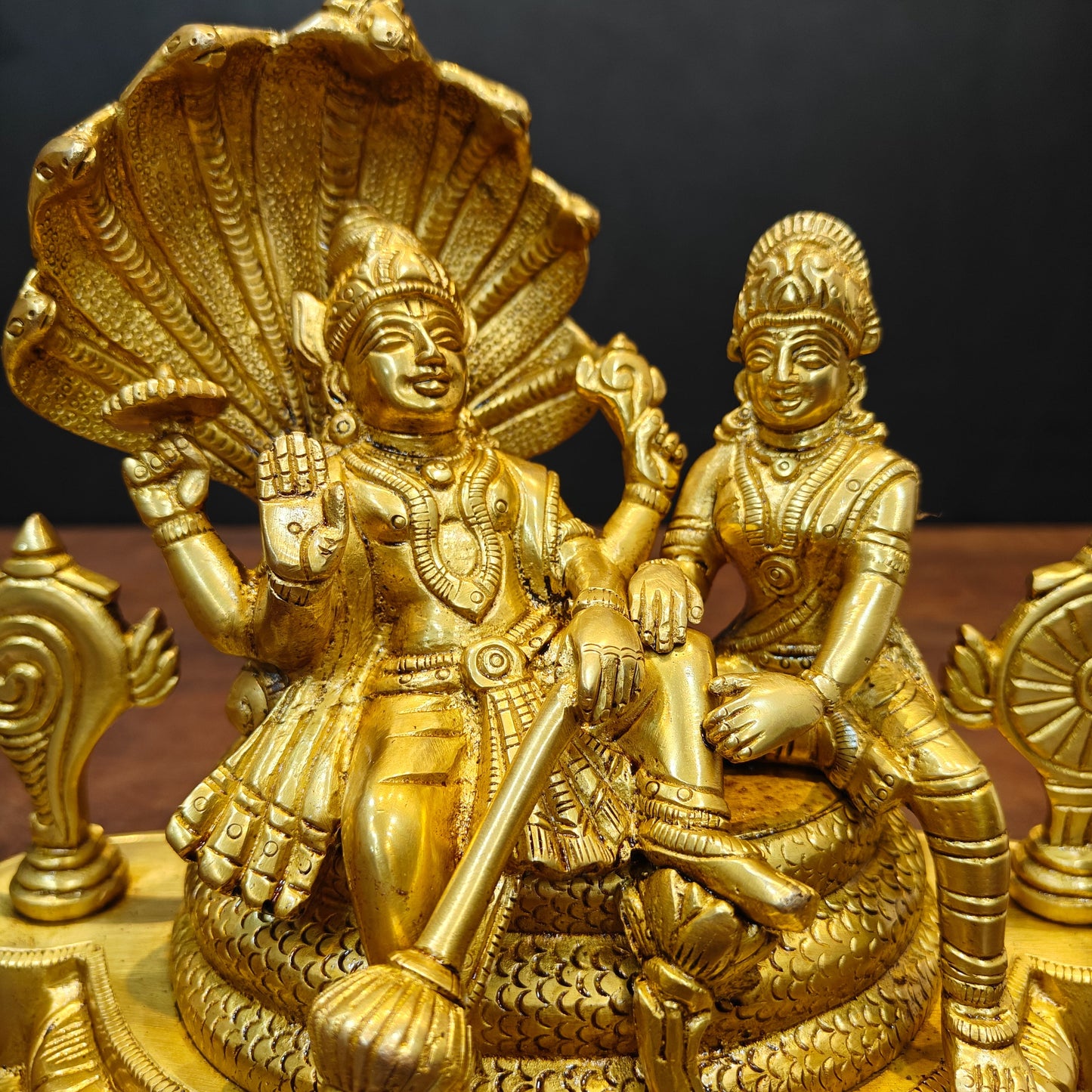Brass Lakshmi Narayan Idols Under Serpent Golden Finish 8 Inch