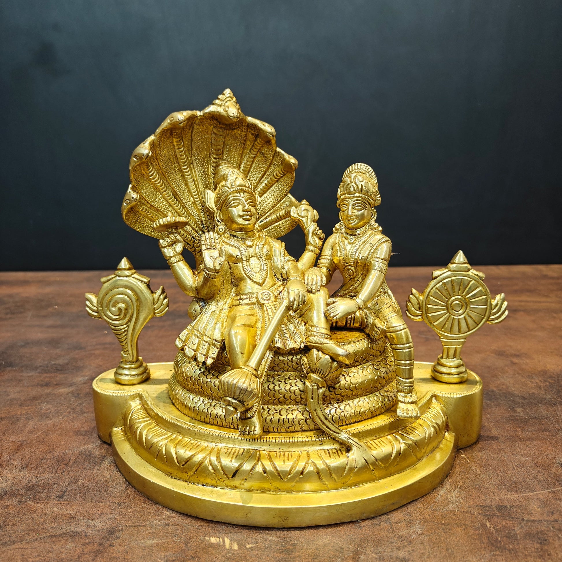Brass Lakshmi Narayan Idols Under Serpent Golden Finish 8 Inch - Image 3