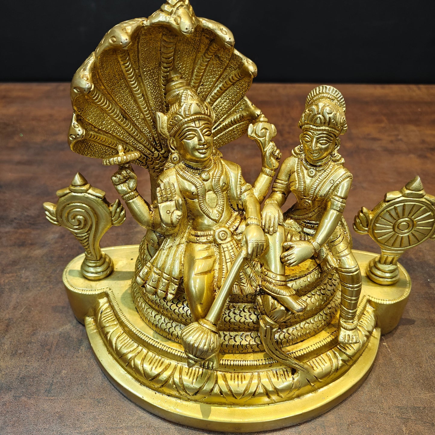 Brass Lakshmi Narayan Idols Under Serpent Golden Finish 8 Inch