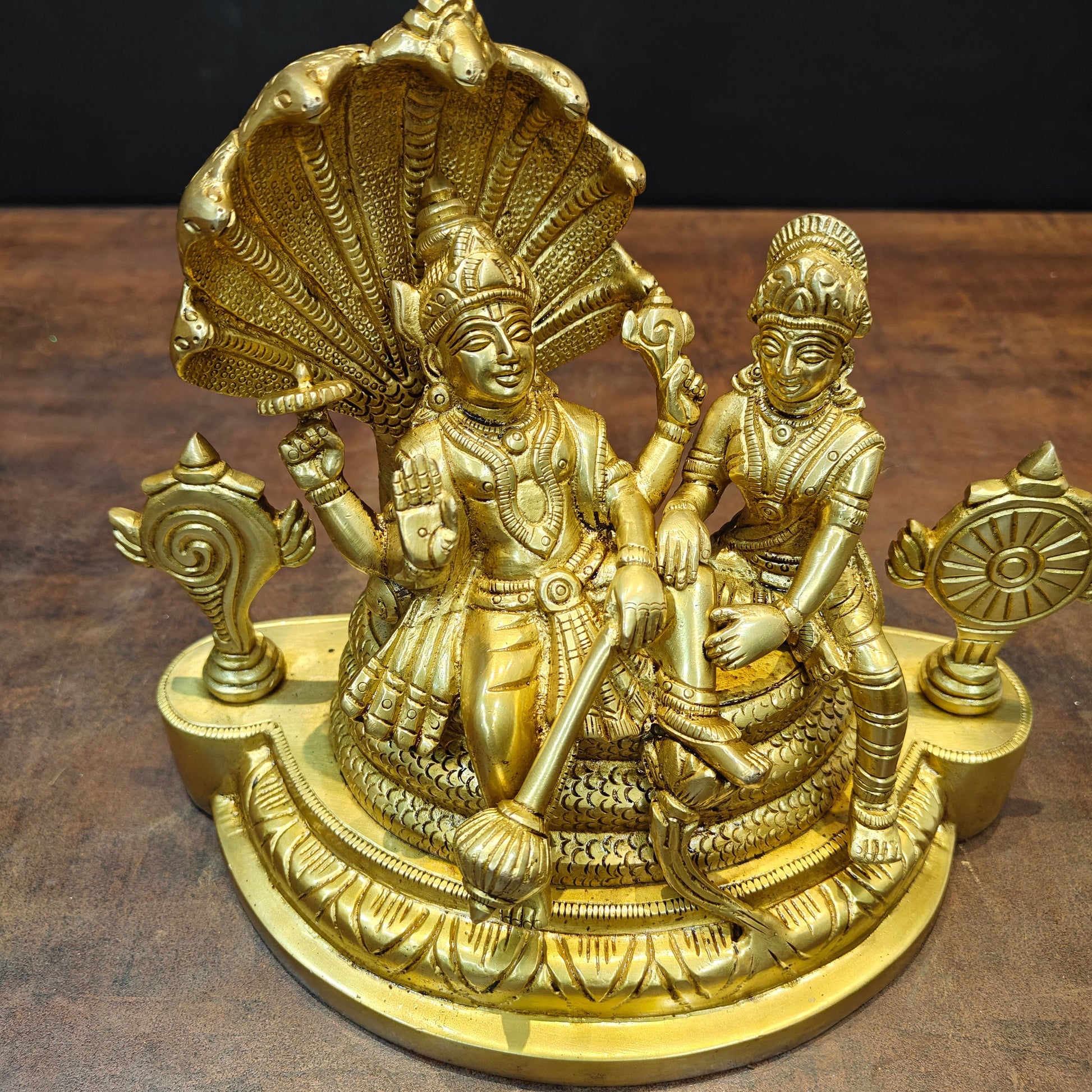 Brass Lakshmi Narayan Idols Under Serpent Golden Finish 8 Inch - Image 4