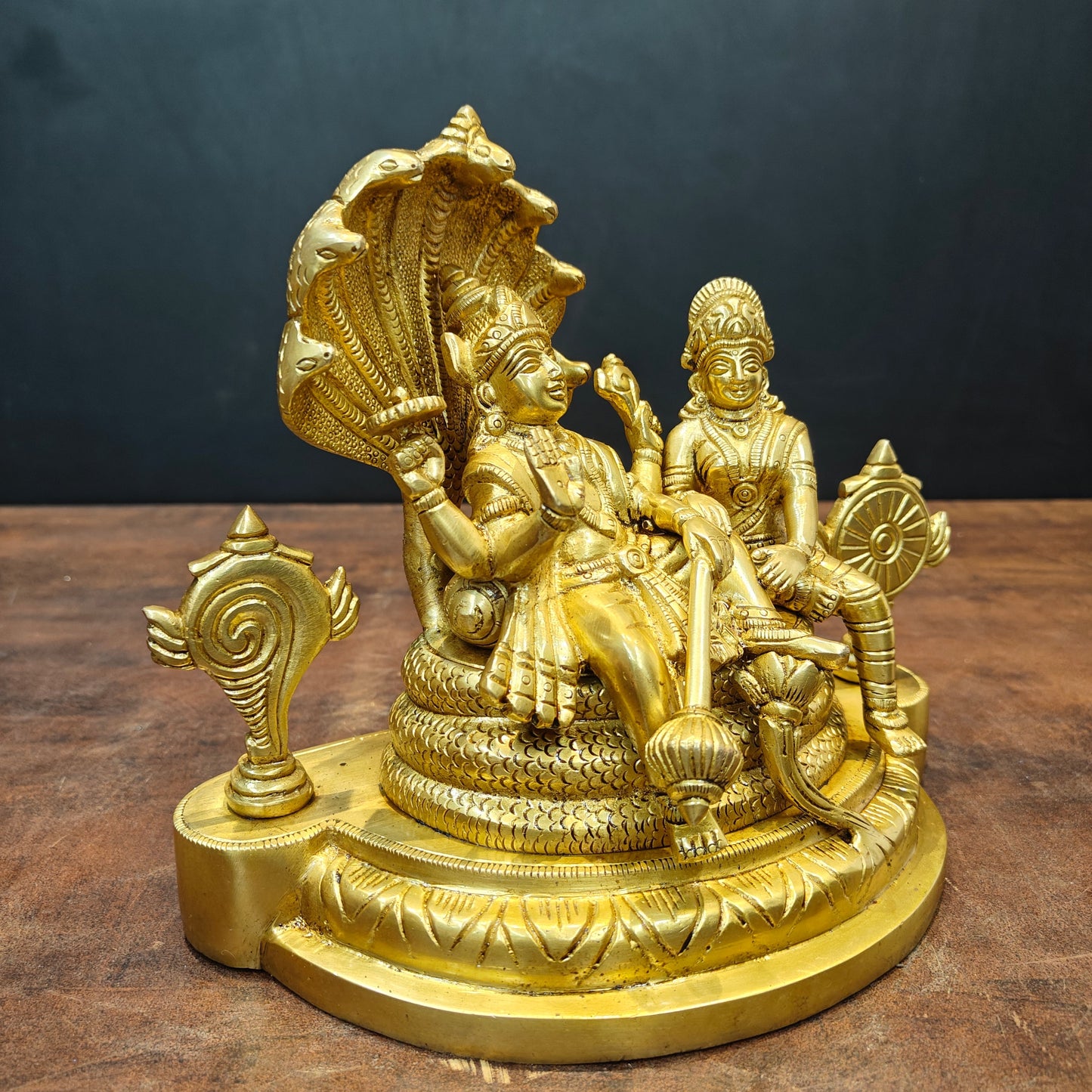 Brass Lakshmi Narayan Idols Under Serpent Golden Finish 8 Inch
