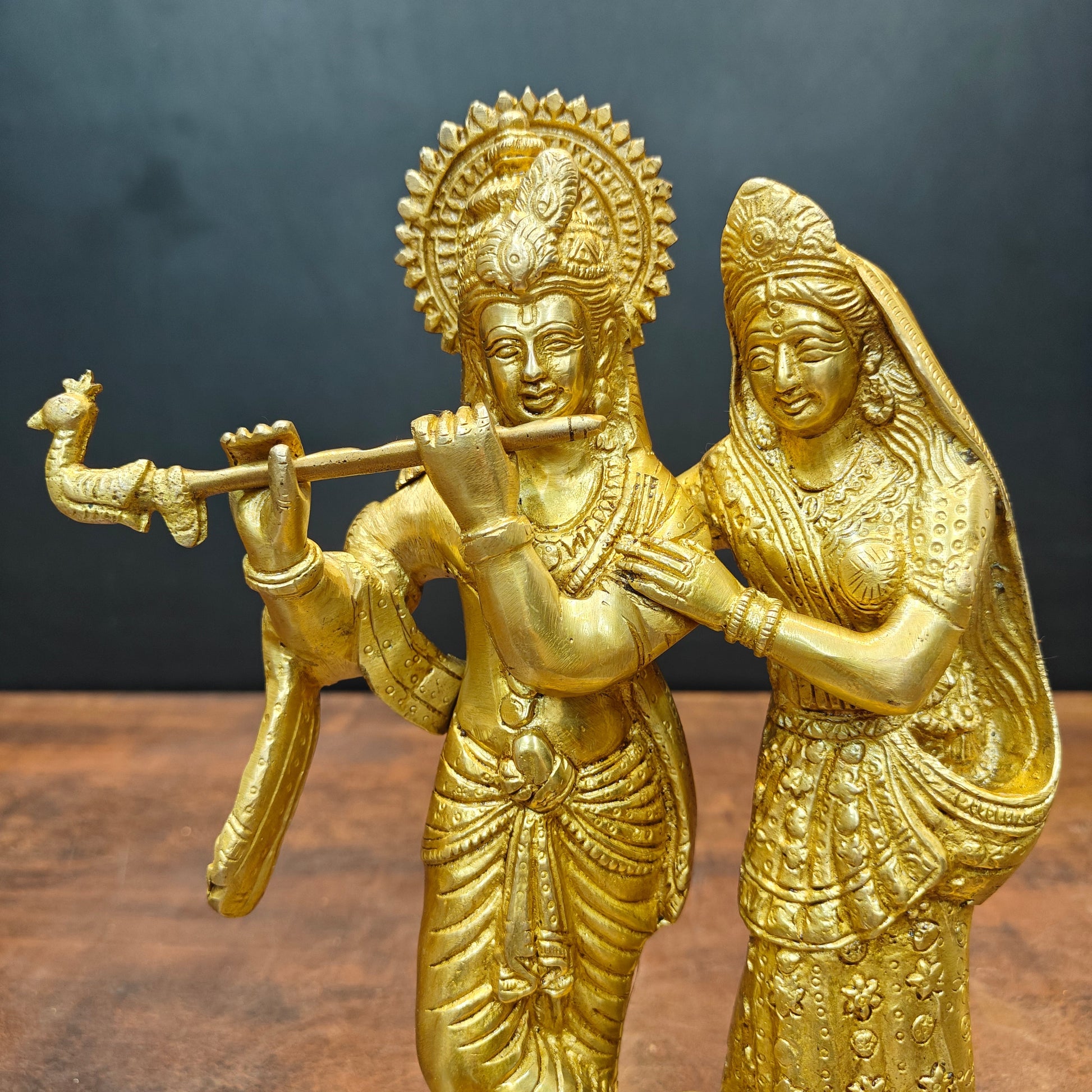 Brass Radha Krishna Idols Golden Finish For Home Temple Decor 10 Inch - Image 2