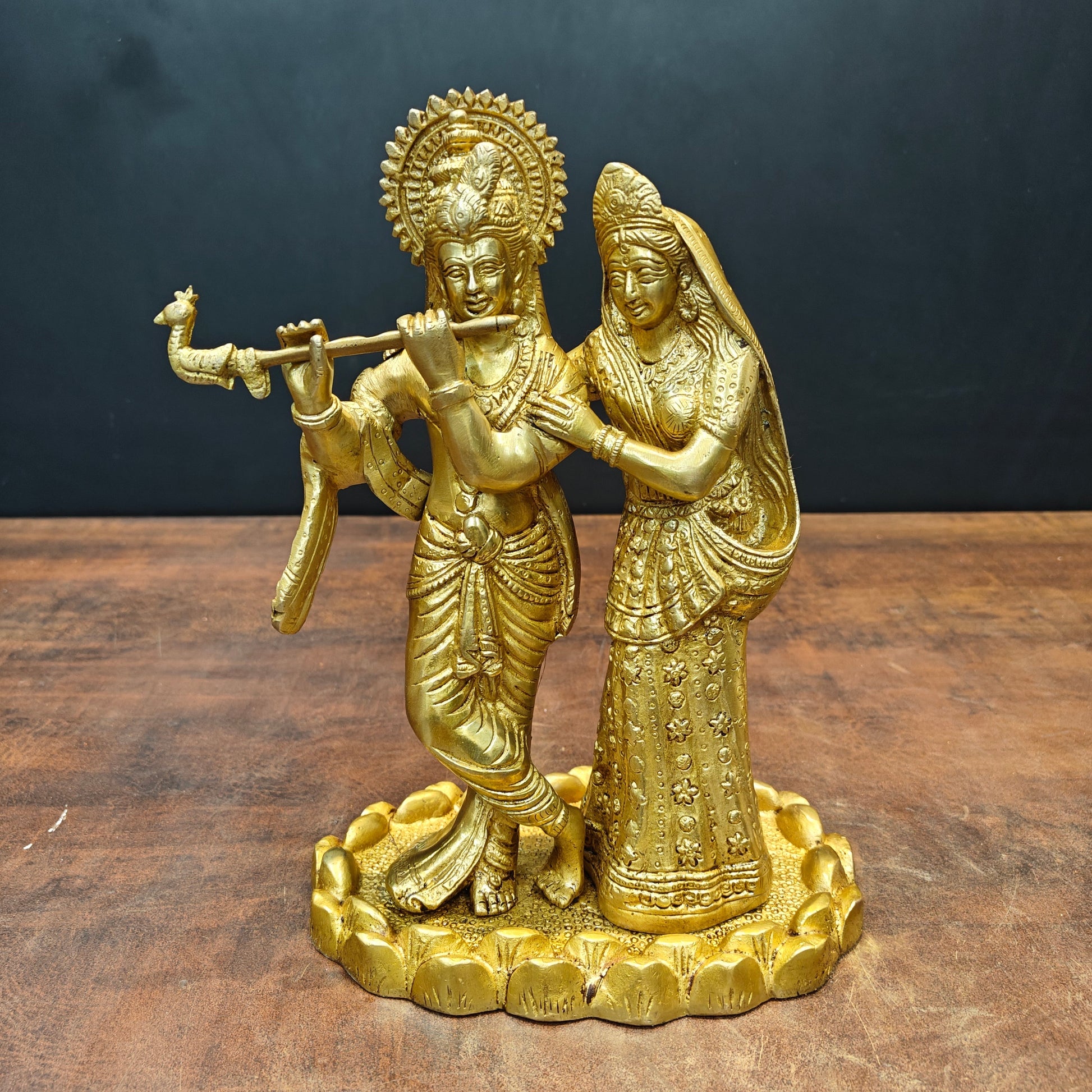 Brass Radha Krishna Idols Golden Finish For Home Temple Decor 10 Inch - Image 3