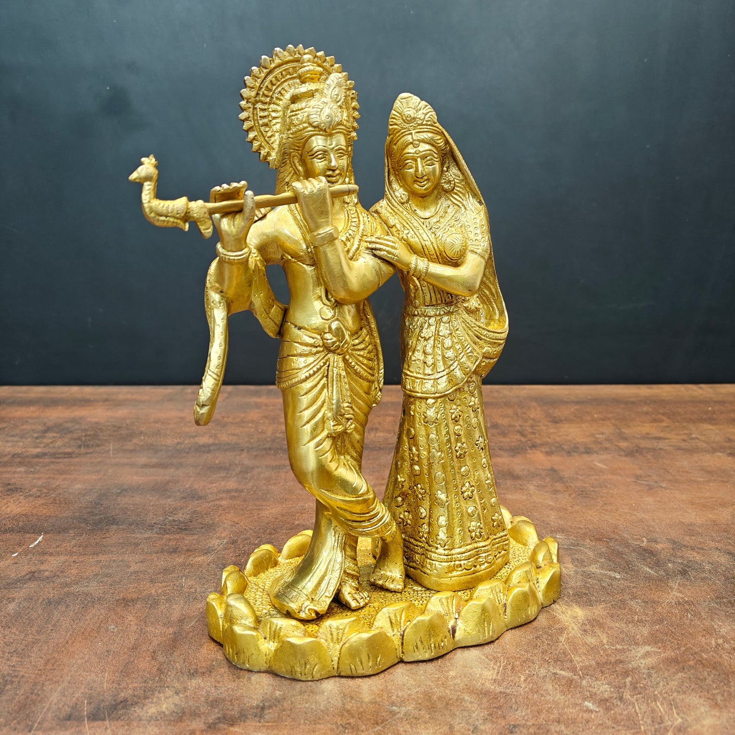Brass Radha Krishna Idols Golden Finish For Home Temple Decor 10 Inch