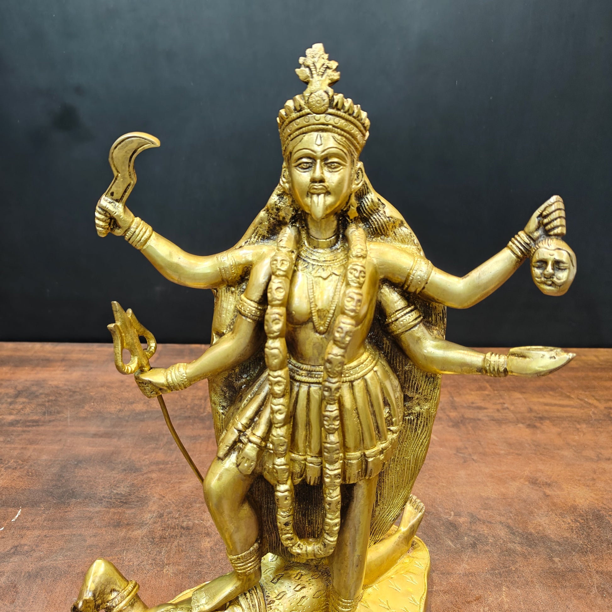 Brass Hindu Goddess Kali Mata Idol Kalka Maa Golden Finish 14 Inches - Image 2