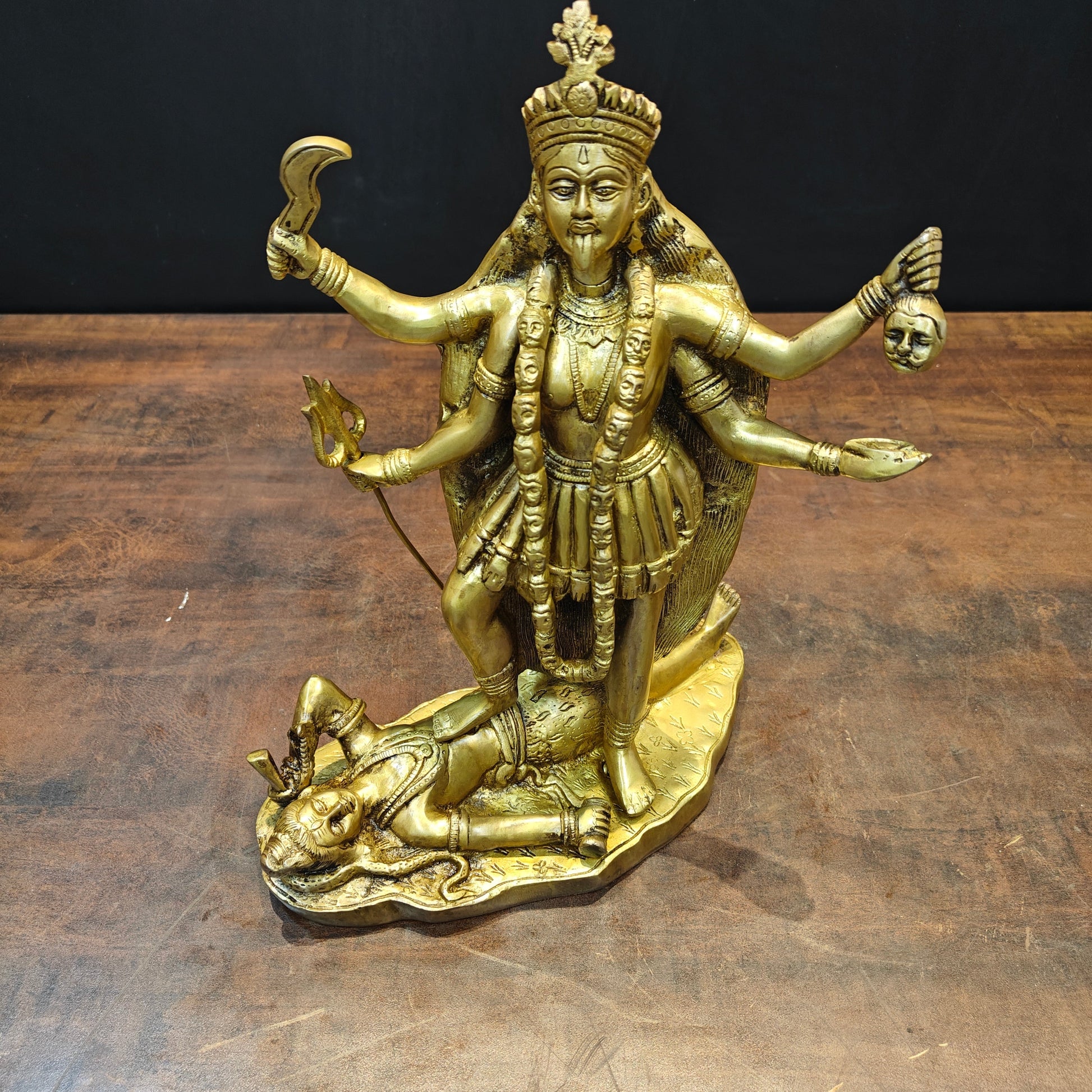 Brass Hindu Goddess Kali Mata Idol Kalka Maa Golden Finish 14 Inches - Image 3