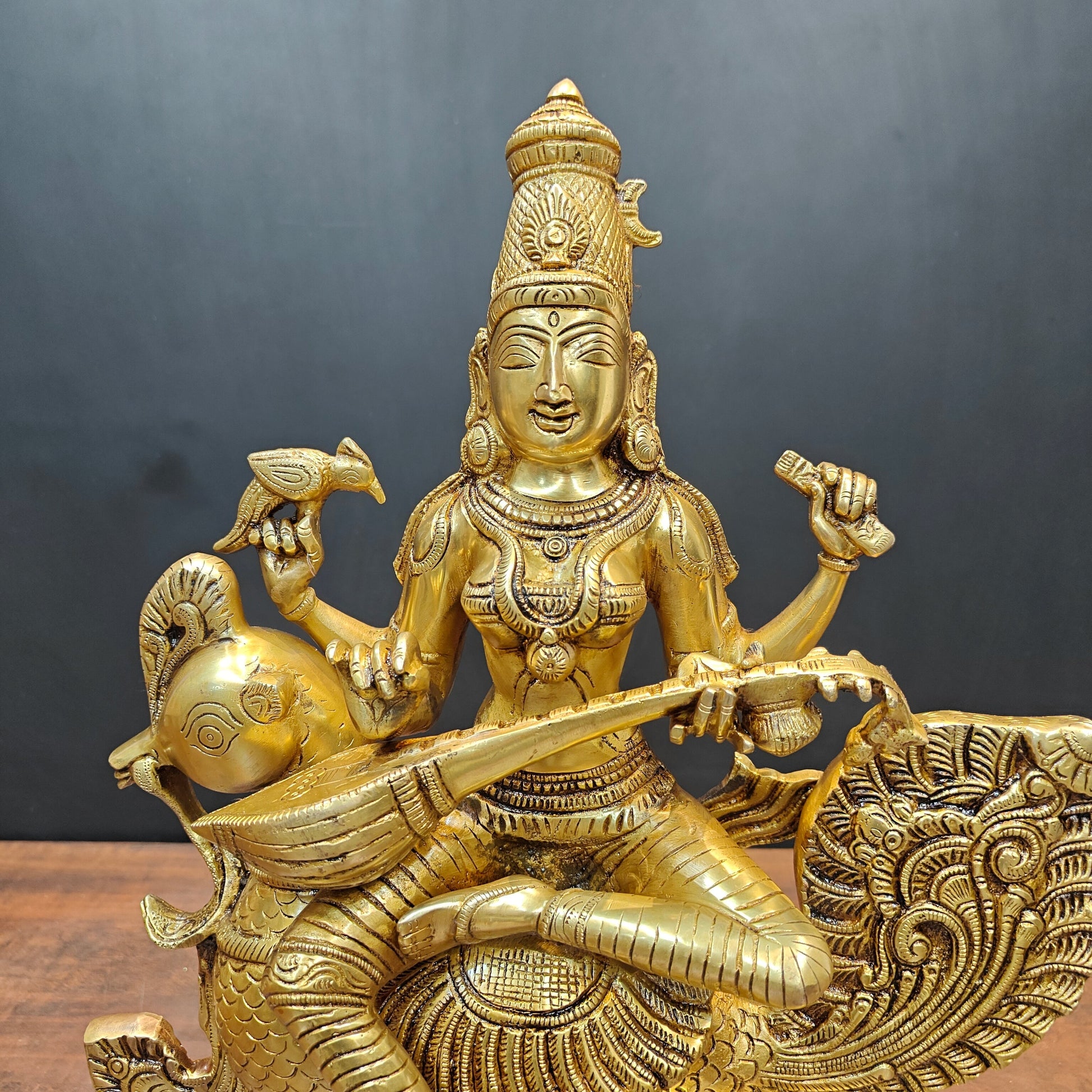 Brass Enchanting Goddess Saraswati Idol Seated On Swan 19 Inches - Image 2